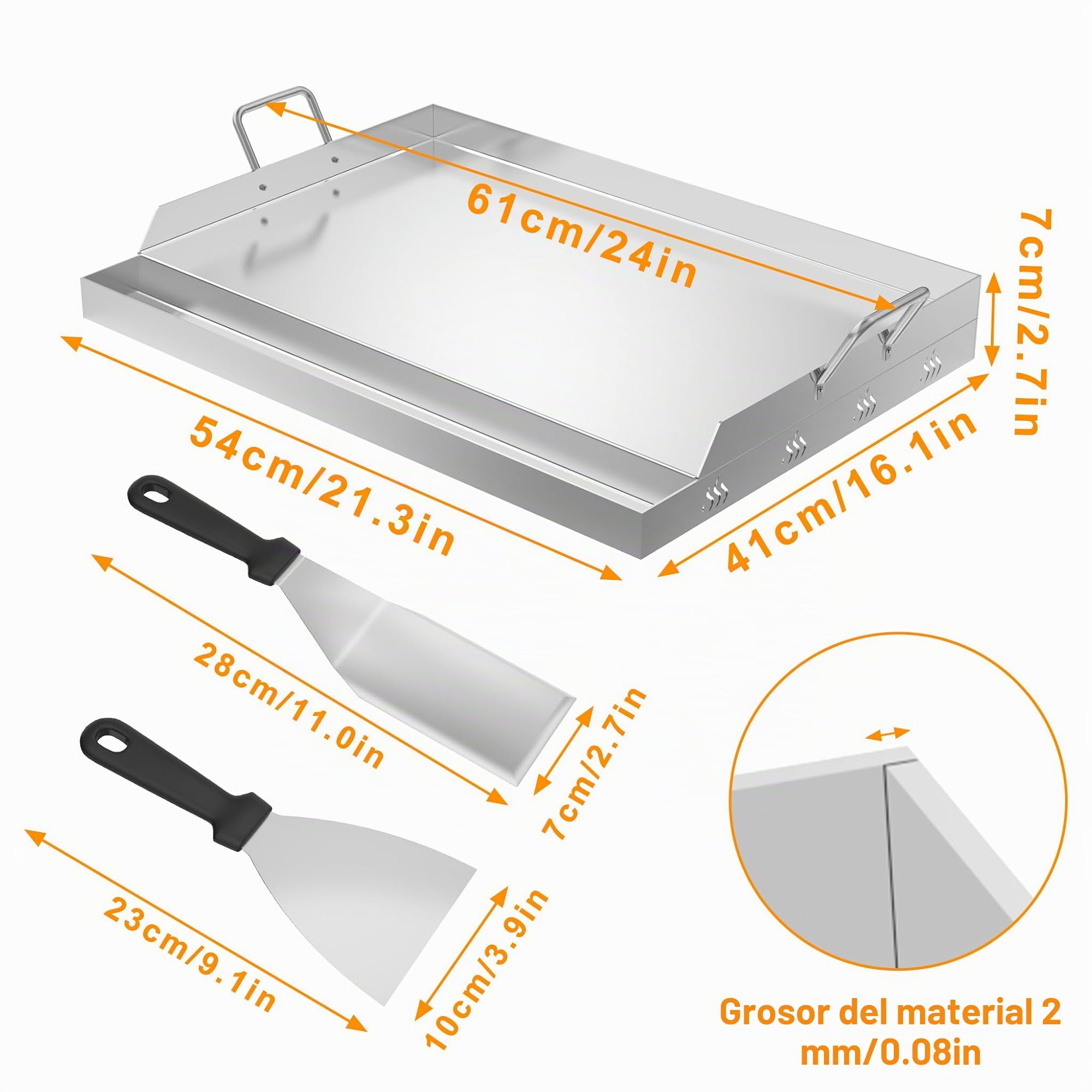 Froadp Placa de acero inoxidable para barbacoa | Plancha universal para barbacoa de 54 x 41 x 7 cm con canaleta para aceite | gas y carbón | Accesorios para barbacoa, incluyendo espátula y asas