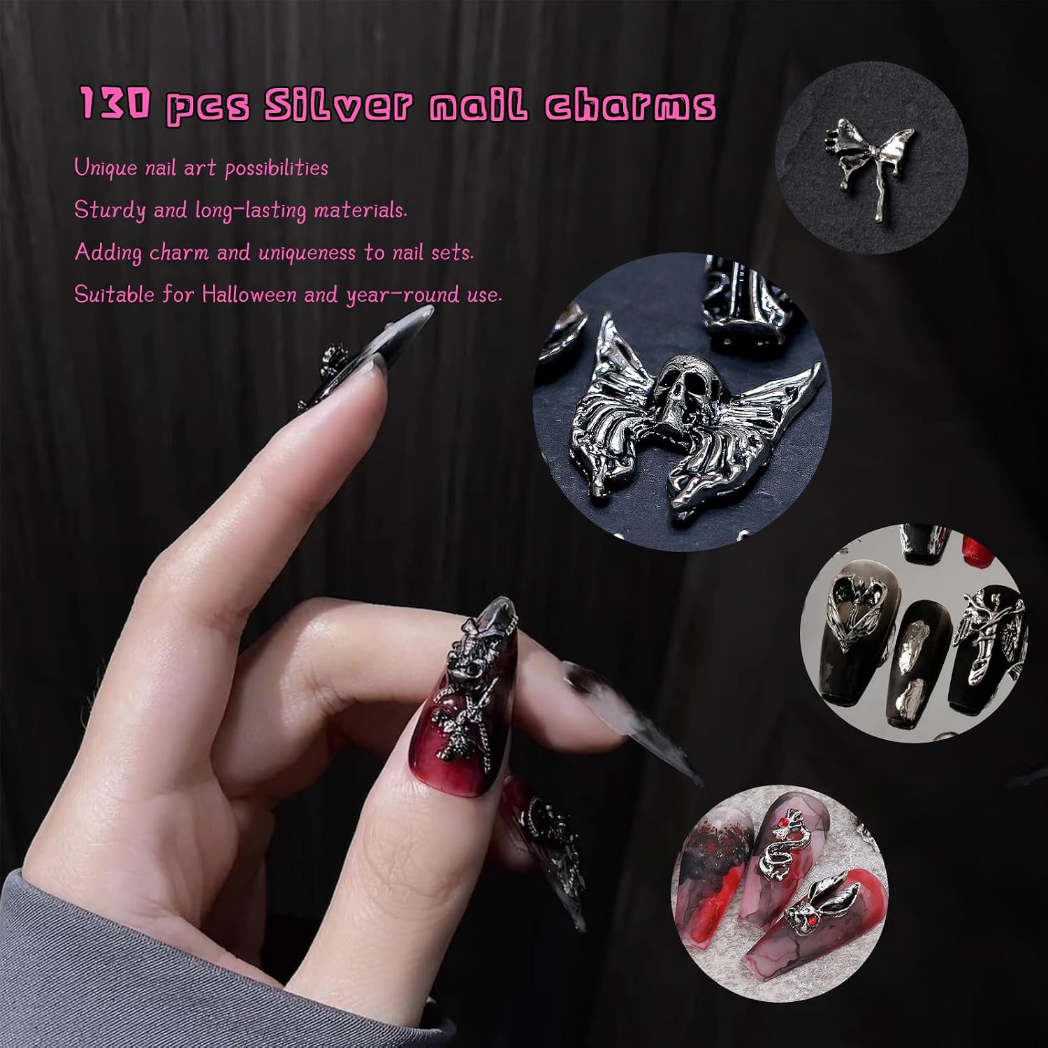 130pcs 3D Gothic Nail Charms for Y2K Acrylic Nails in 14 Styles, Punk Emo | Silver Cross Butterfly, Heart, Skull Charm for DIY, Party, Grunge & Salon Nails Supplies - Alt & Gen Z