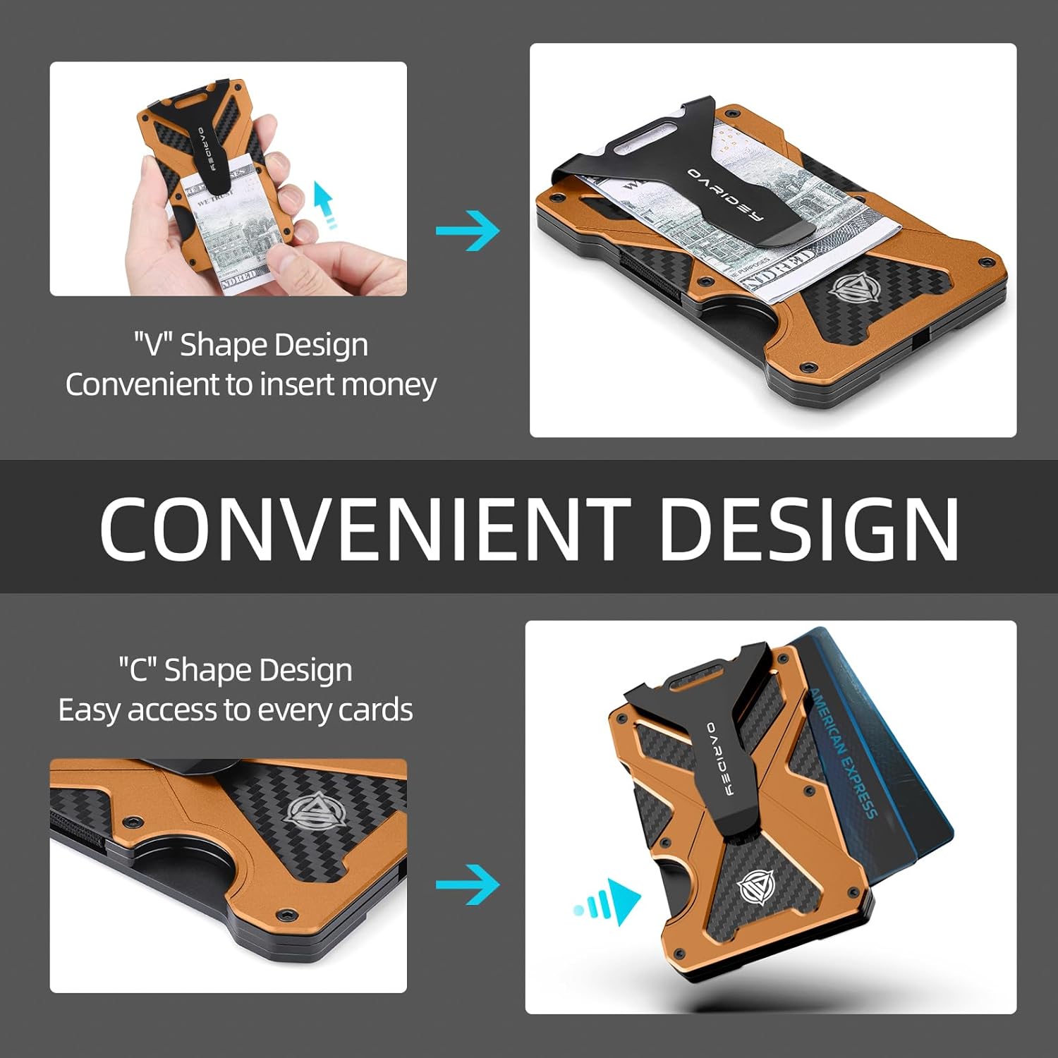 Minimalist Wallet for Men- Slim Aluminum Metal Money Clip Wallet with Clear ID Card Holder, Carbon Fiber Wallet, RFID Blocking,Holds up 15 Cards with Cash Clip,Ultra-Thin Tactical Wallet- Orange - Image 9