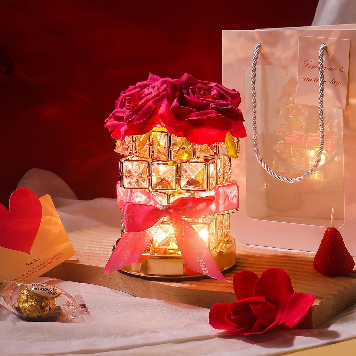 Crystal Table Lamp, Rechargeable Cordless Rose Light 3 Colors Dimmable Flower Lamp, Romantic LED Diamond Lamp for Bedroom Living Room Decor, Valentine Birthday Gift for Her (Rose Red)