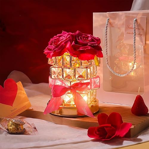 Miniatura 2 de Lámpara de mesa de cristal rosa, recargable, inalámbrica, 3 colores, lámpara de flores regulables, romántica lámpara LED de diamante rosa para