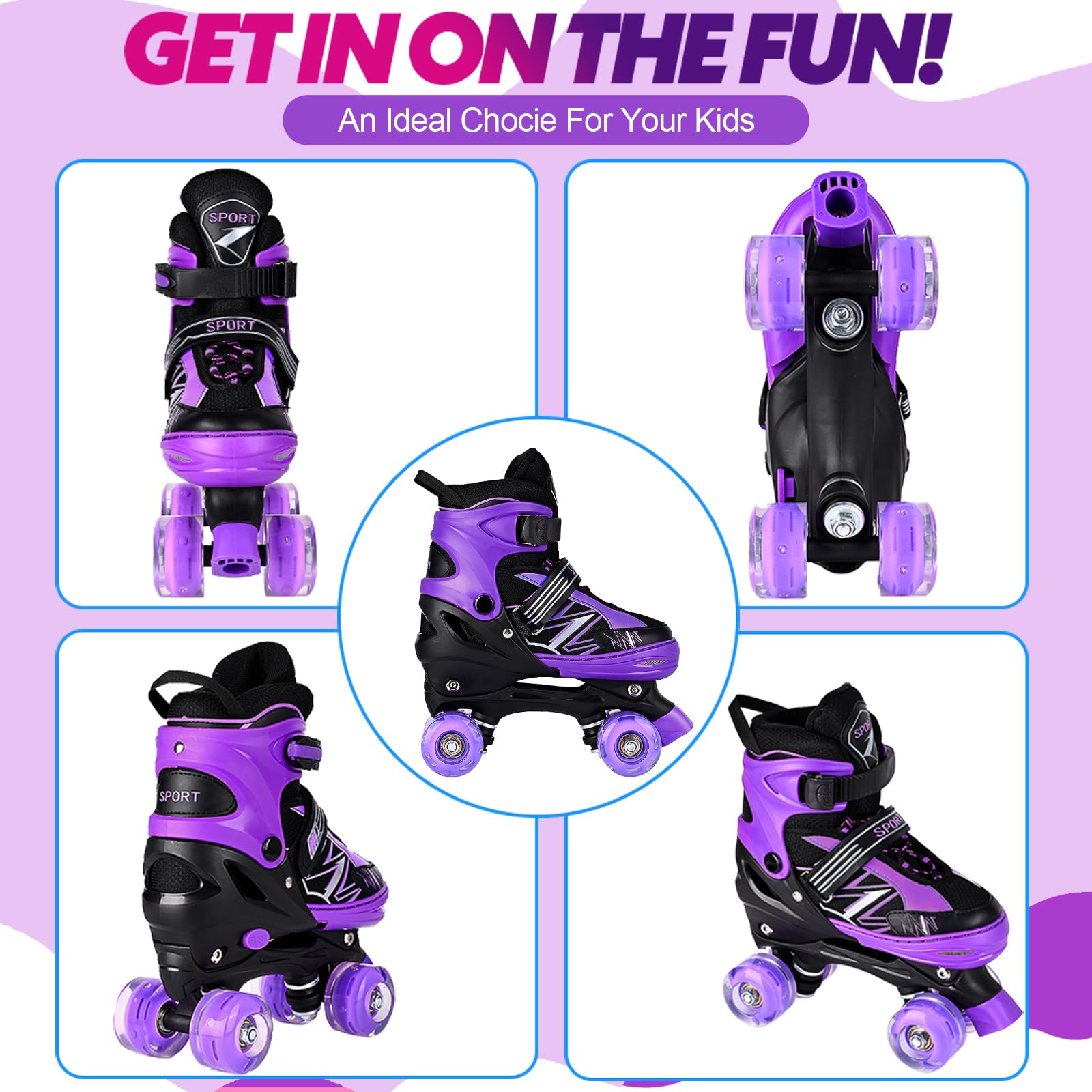 Patins à roulettes pour Enfants garçons et Filles, 4 Tailles réglables pour Enfants et Adolescents avec Roues Lumineuses, Violet et Blanc à roulettes Quad pour Le Sport