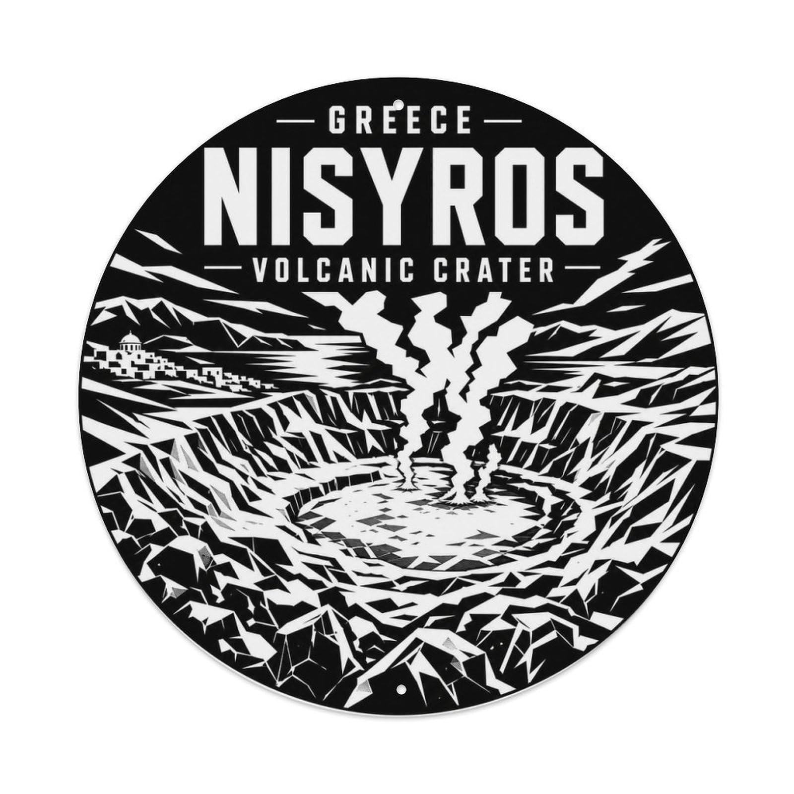 Nisyros Volcanic Crater Greek Black White Geology Metal Tin Sign Plaque Wall Decor for Cafe, Man Cave, Club Bar, Office, Home Garden Round Metal Poster 8x8Inch