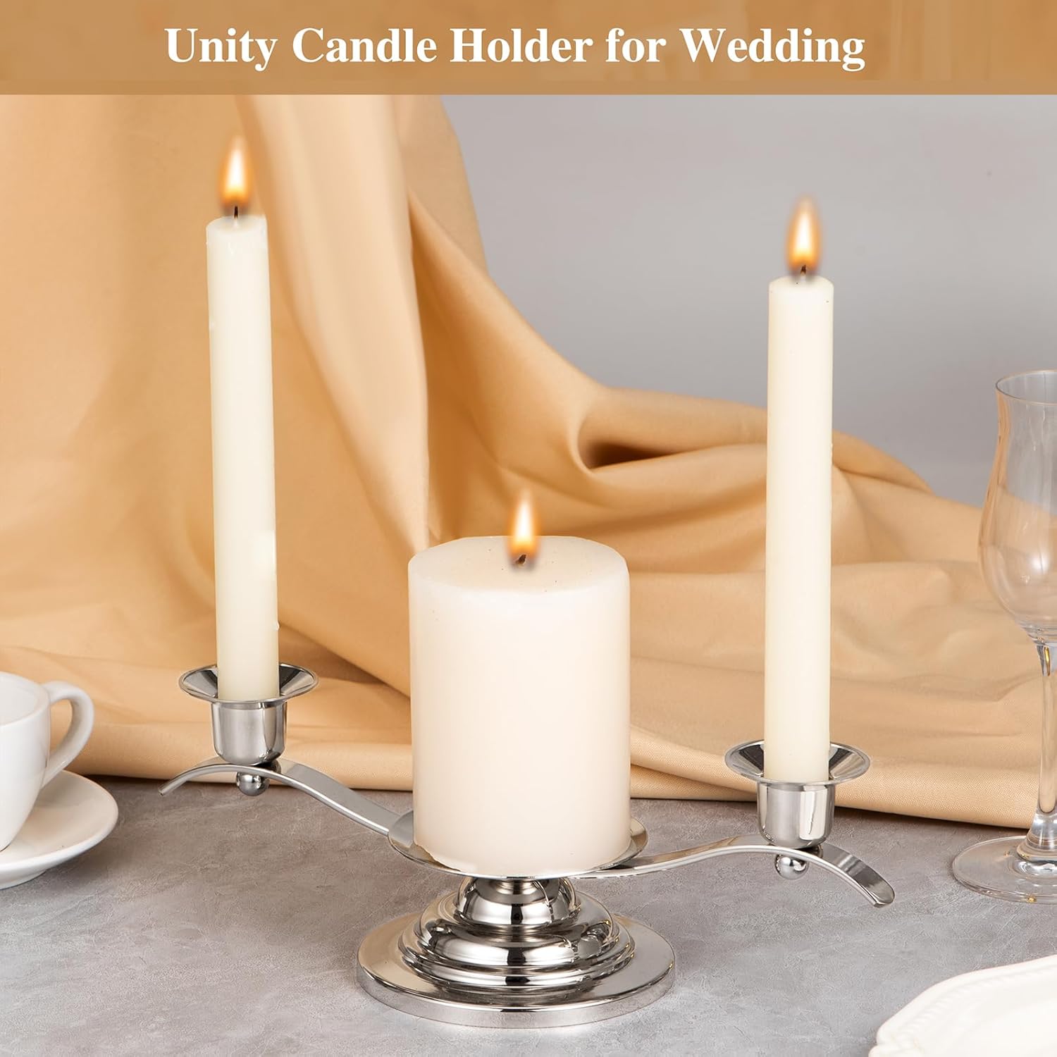 Unity Candle Holders for Weddings, AIBANZE 3 Arm Wedding Unity Candlestick Holder with Central Spike - Enhance Stability, 11.02'' x 4.33'' x 3.54”, Shiny Silver