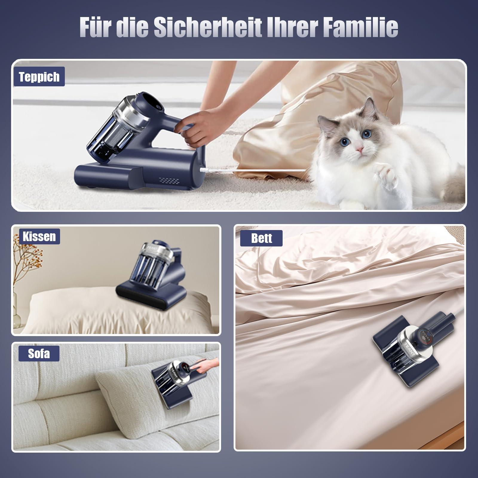 Teant Milbensauger für Matratzen mit UV Licht, 16kPa Matratzensauger mit LED Display, 65℃ Heißluft & HEPA, Ultraschall, Aromatherapie, Dual-Cup Matratzenreiniger für Bett/Teppich/Sofa/Tier/Allergiker