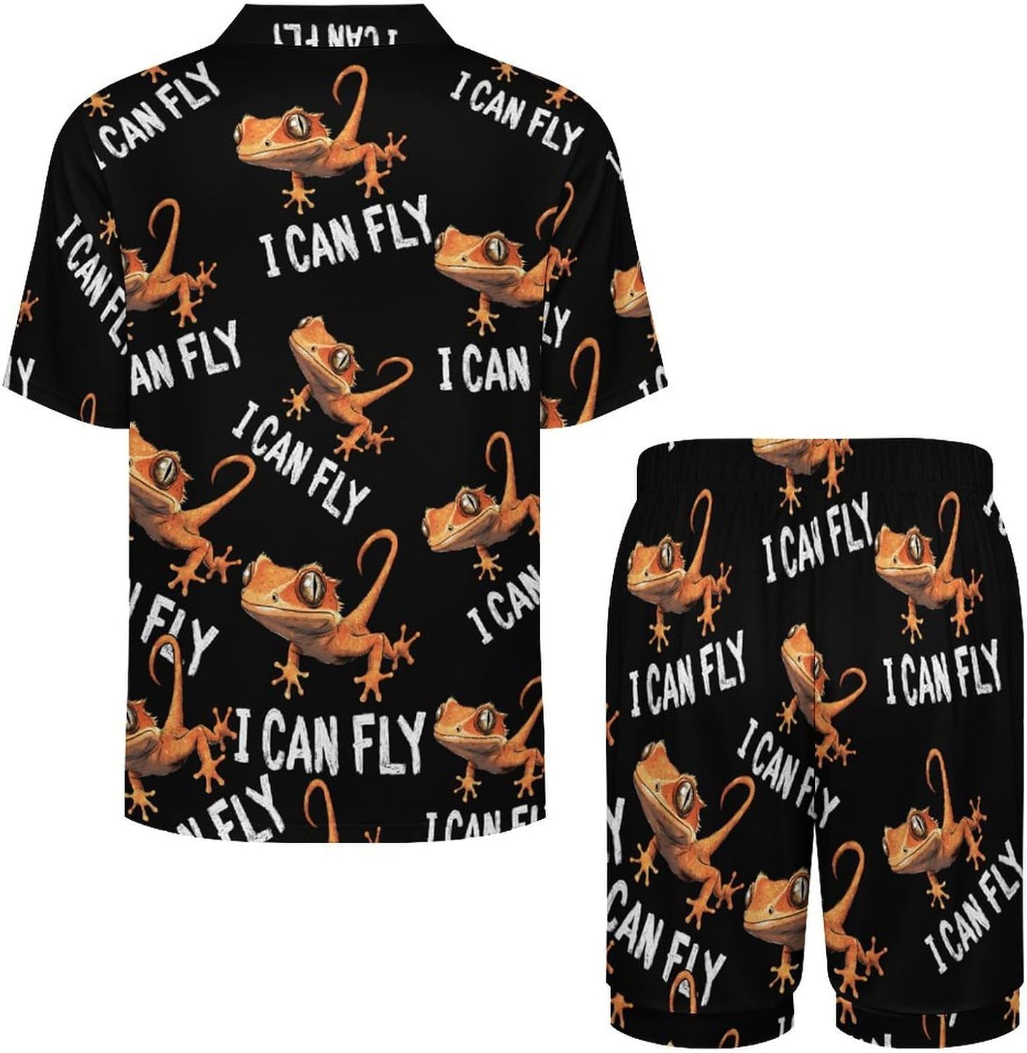 Crested Gecko I Can Fly Men's Short Sleeve Pajama Set Satin Silk Like Lounge Sleepwear