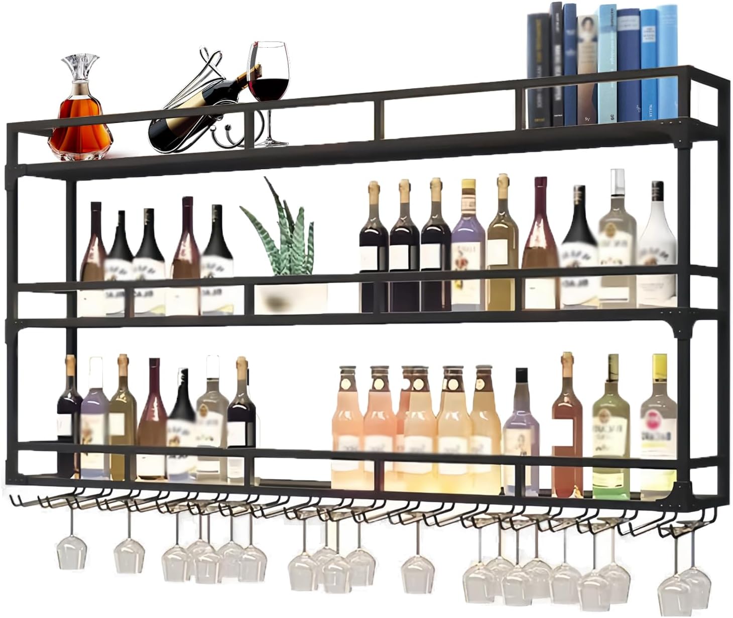 Large Wall Mounted Wine Rack - Metal Liquor Display Shelf for Home, Bar & Cafe - Iron Floating Rack Holder (Black, 100x25x90CM) - Stylish Wine