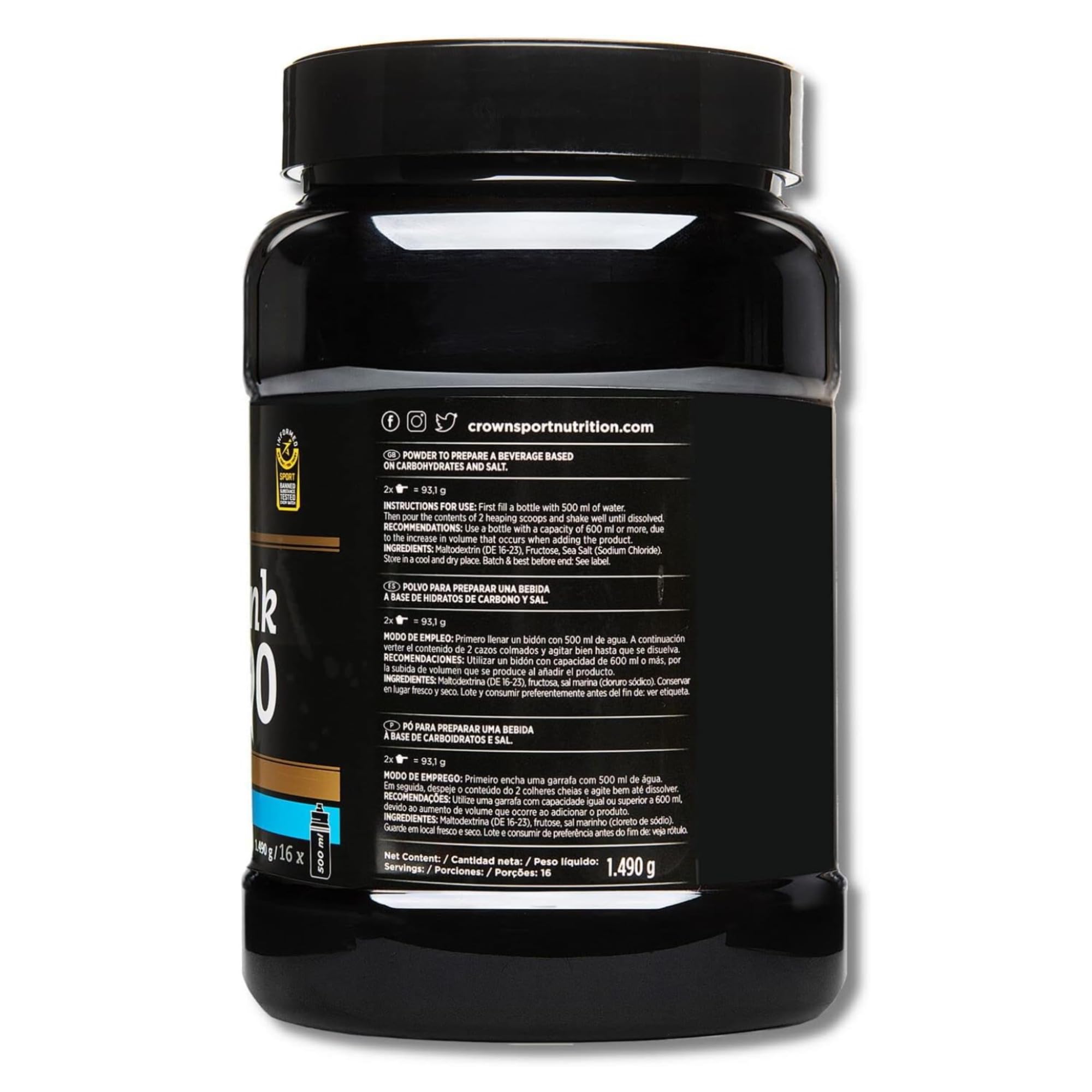 Crown Sport Nutrition HyperDrink 90 | Bebida Alta Carbohidratos 90 g en 500 ml y Sodio | Polvo Bote 1490 g 16 Tomas | Maltodextrina Fructosa Ratio 1:0,8 y Sal Marina | Sin Aditivos Sin Sabor