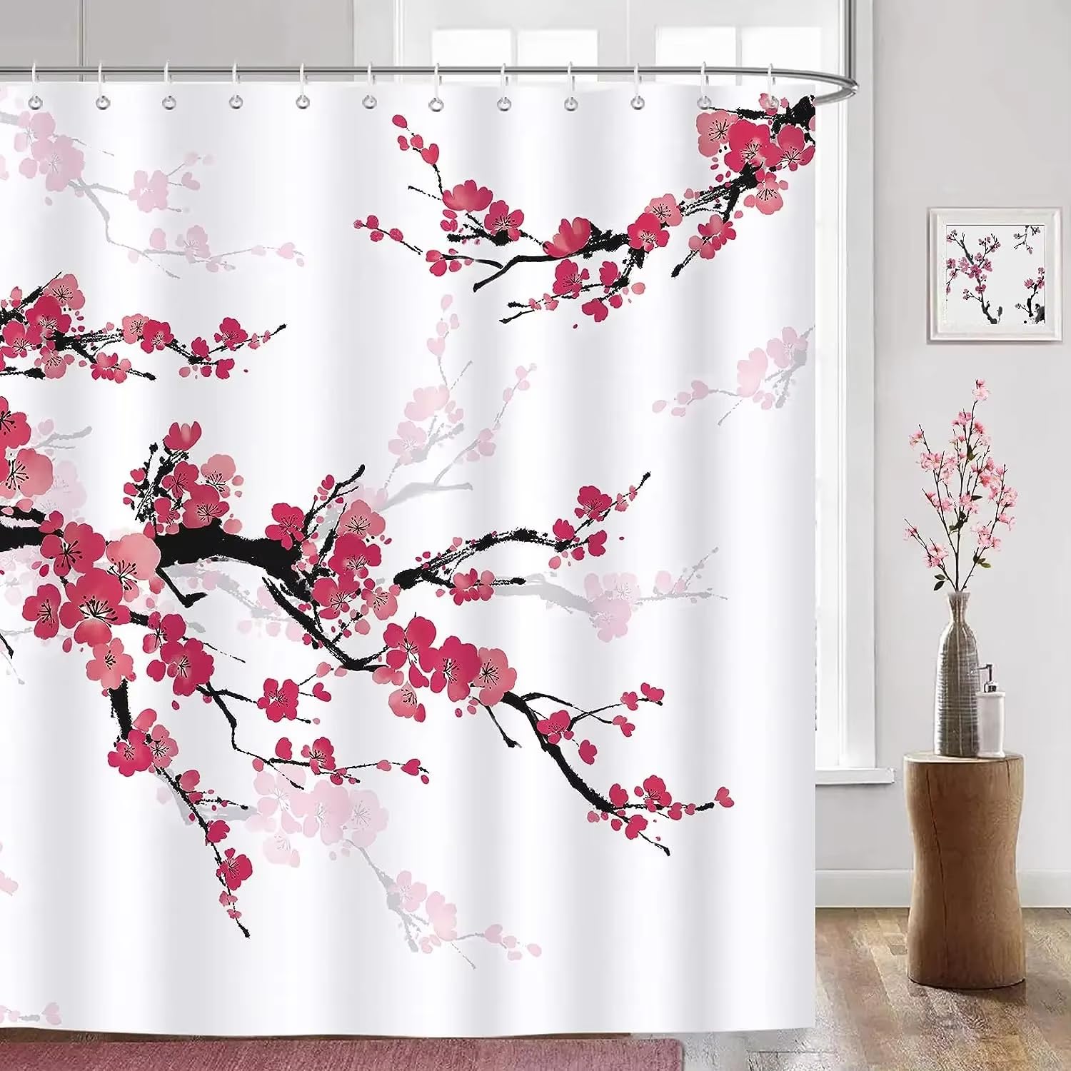 Rideau de douche fleurs de cerisier 120x213 cm rose pastel imprimé floral avec crochets
