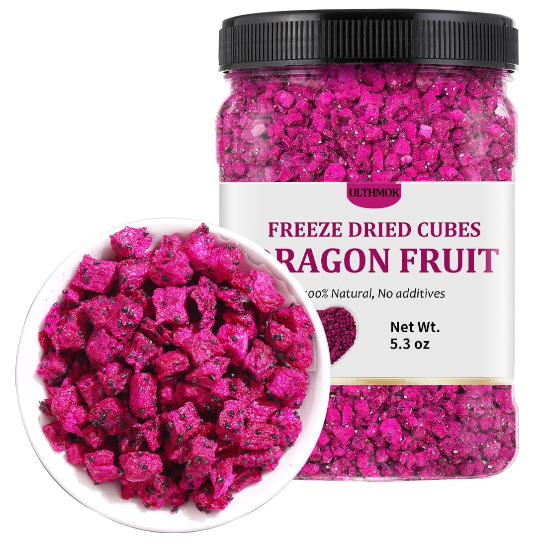 Premium Freeze Dried Dragon Fruit 5.3OZ/150g, Made with 100% Natural Dragonfruits Cube,No Sugar Added & No Additives, for snack, drink, barking, Breakfast Cereal.