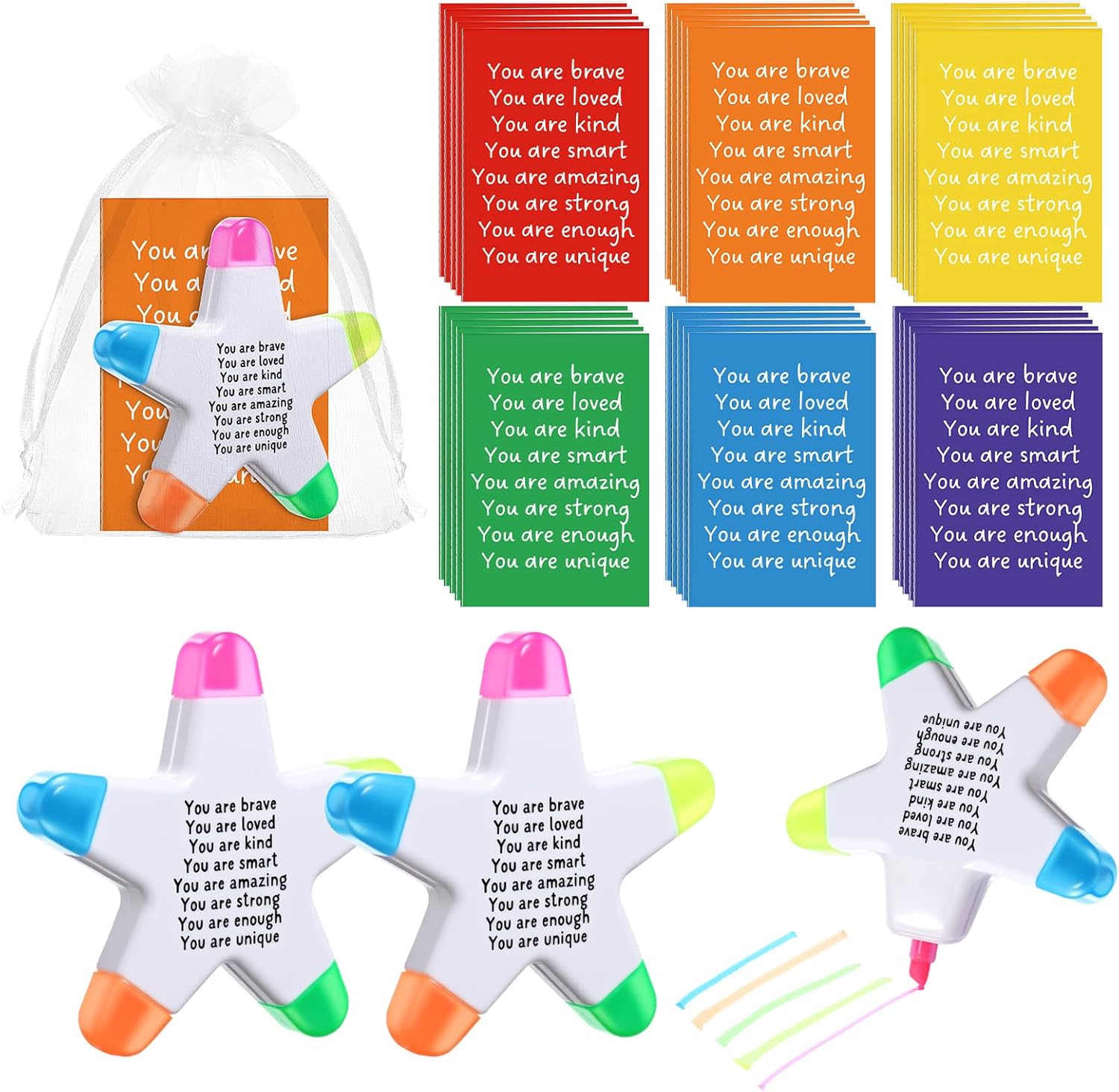 AmazingSpark 18 Sets Star Highlighters with Mini Inspirational Notebooks Organza Bags 5 in 1 Fluorescent Pens Affirmation Gifts for Graduation Party Favors