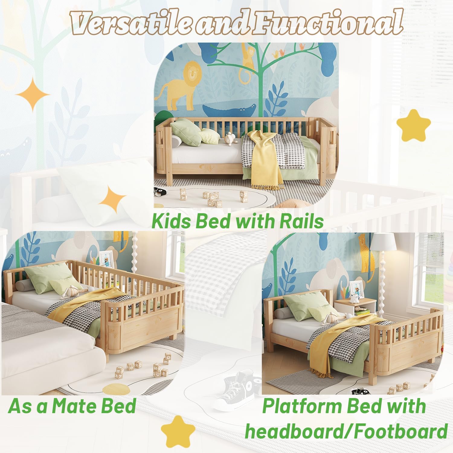 Image showing the bed frame in various configurations: as a standalone bed, a mate bed, and a platform bed with headboard/footboard.