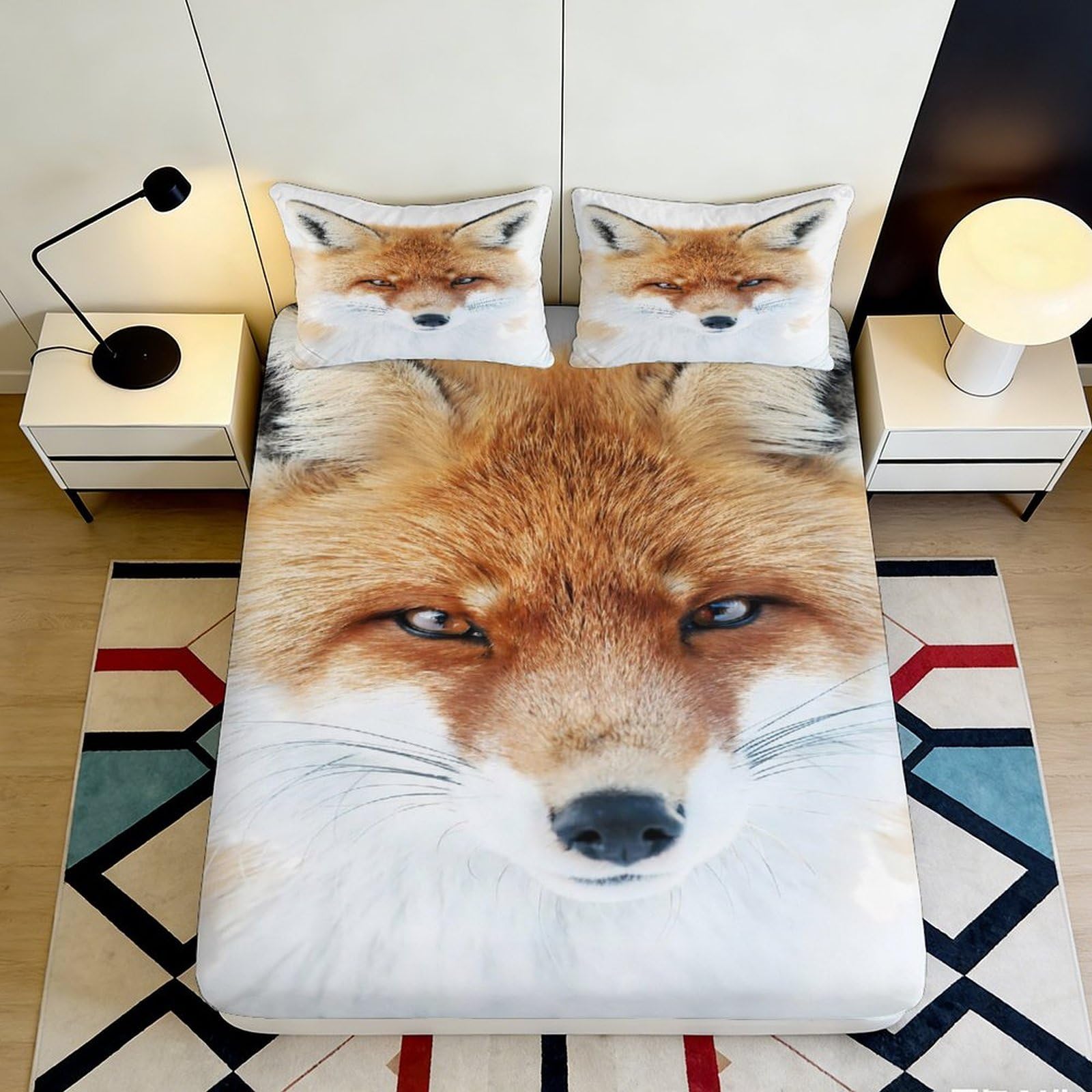 3D Printed Fox Face Fitted Sheet Microfiber Soft Anti-Slip Mattress Cover for Bedroom Decor Dorm Rental Easy Care 140x200x25cm