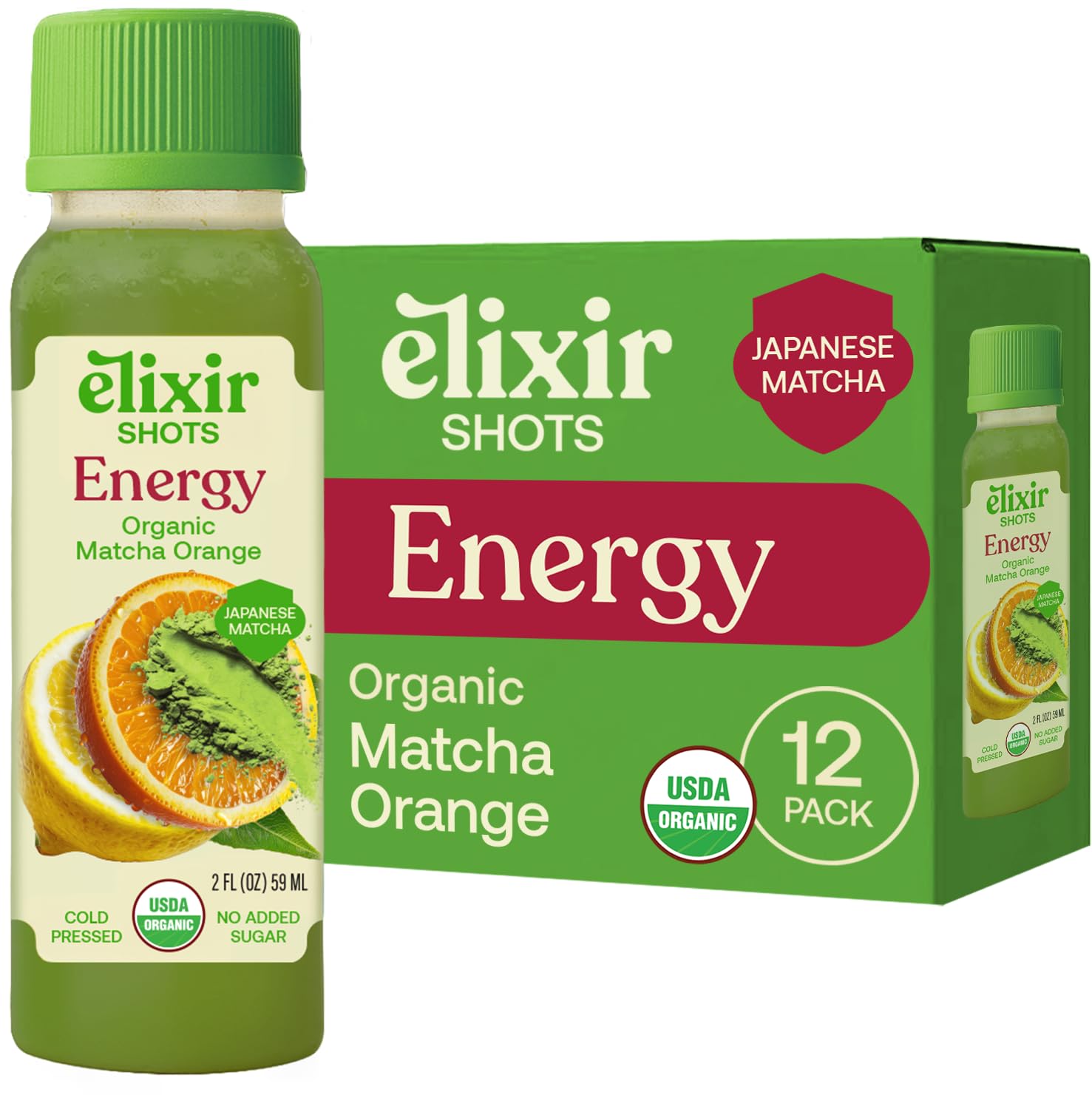 Elixir Energy Shots with Gentle Caffeine and L-theanine for Mental Focus, More Antioxidants Than Regular Tea, Ceremonial Grade Matcha, Orange, Organic Cold Pressed, No Added Sugars, 12-Pack