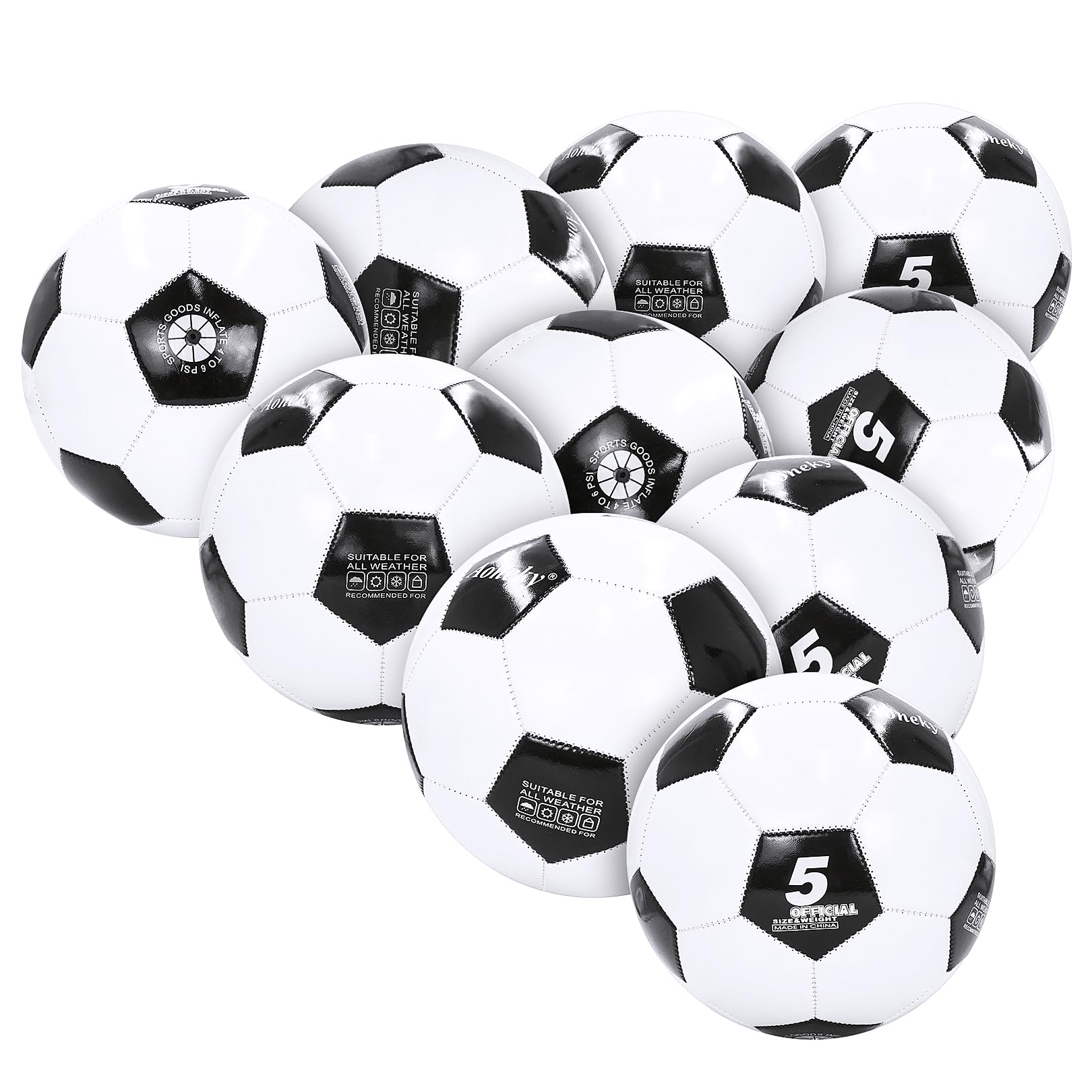 Aoneky Size 5 Training Soccer Ball for Adults - 10-Pack with 1 Pump (2.5mm PVC)