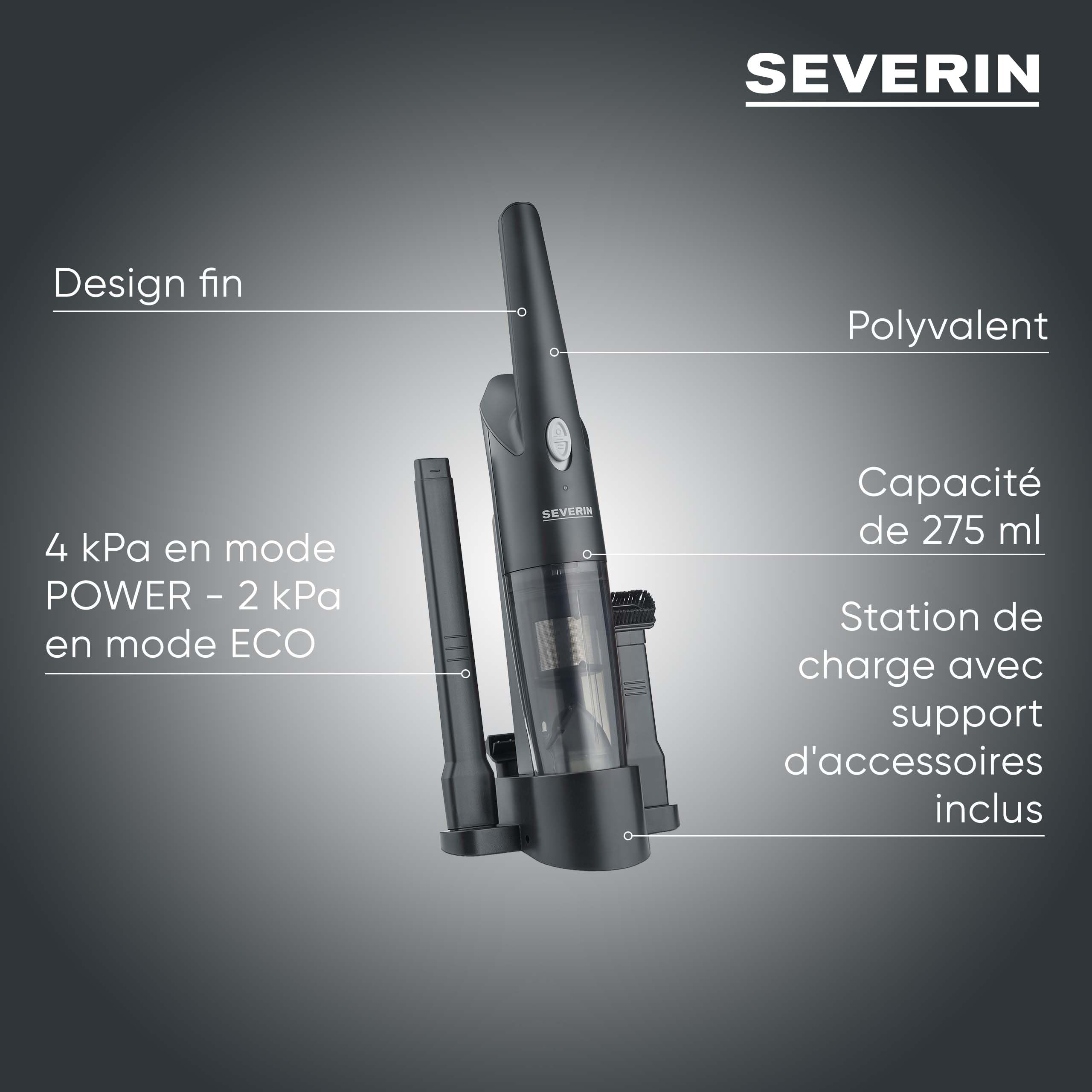 Severin Aspirateur à Main sans Sac, Aspirette sans Fil avec Brosse rotative, Fonction Aspirateur Eau et poussière, Aspirateur de Table à éclairage LED, 25 Min d'autonomie, HV 7132