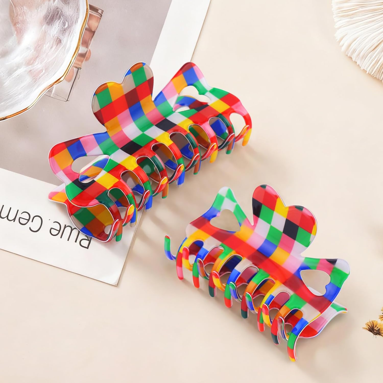 Butterfly Checkered Barrettes 2-Pack, Large & Medium Rectangle Claw Clips for Women, 4.3 & 3.5 Inch Vintage Hair Clips for Thick and Thin Hair, Acrylic Hair Accessories, Ideal Gift | 2 Sizes
