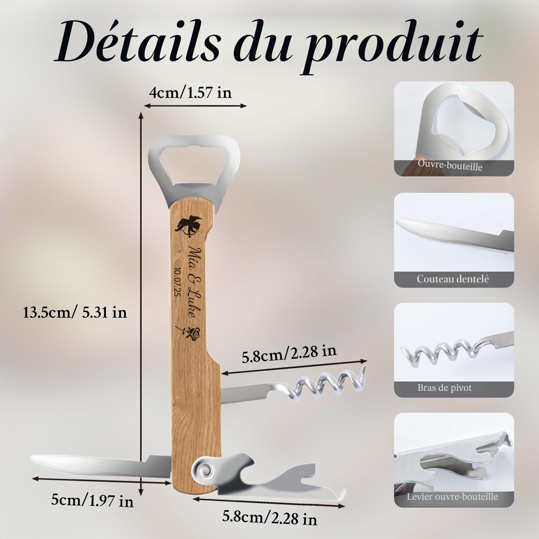 10 Pièces Tire Bouchon Personnalisé, Cadeau Invité Mariage, Décapsuleur en Bois Gravés Double Face, Idéal pour Bar, Maison, Anniversaire et Fête