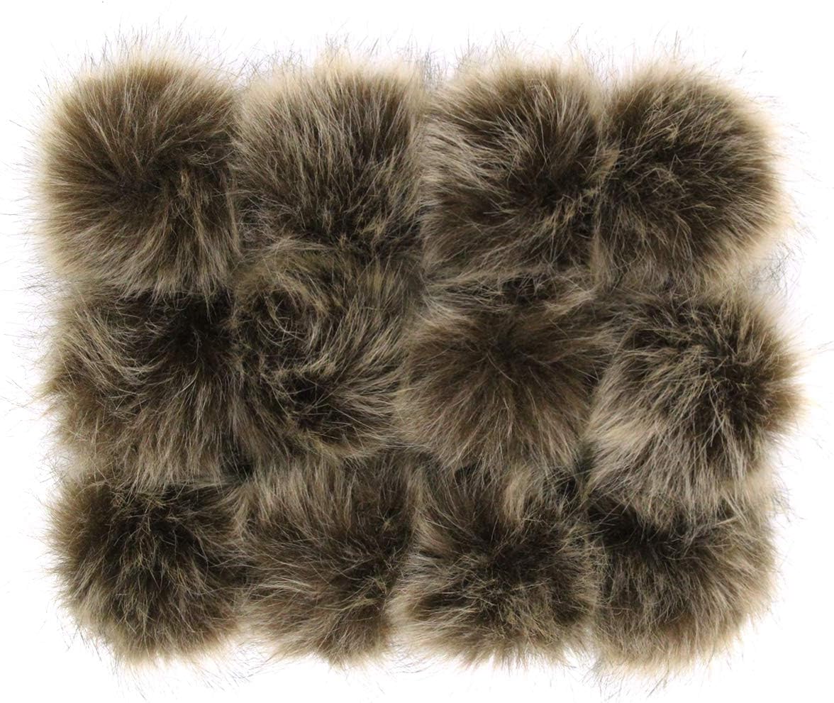 Faux Fur Pom Pom with Elastic Loop DIY 12pcs Fluffy Pompom Ball for Knitted Accessories Hat Shoes Scarves Bag Keychain Charms 3.9in (Brown)