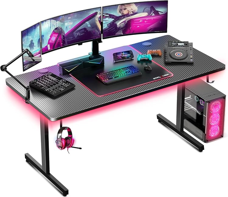 GTPLAYER 55 Inch LED Gaming Desk with Carbon Fibre Surface, Mouse Pad and Headphone Hook