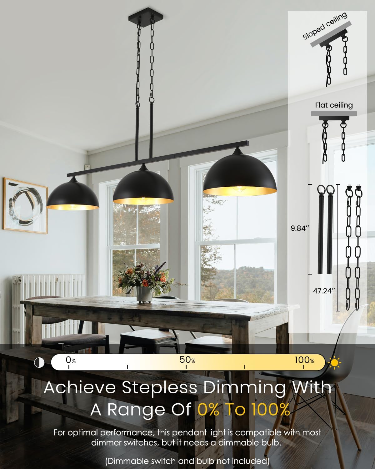 3-Light Island Light for Kitchen, Farmhouse Industrial Dining Room Light Fixture, Black Dome Kitchen Island Lighting, Modern Hanging Pendant Lights Kitchen Island, Dining Room, Bar, Cafe