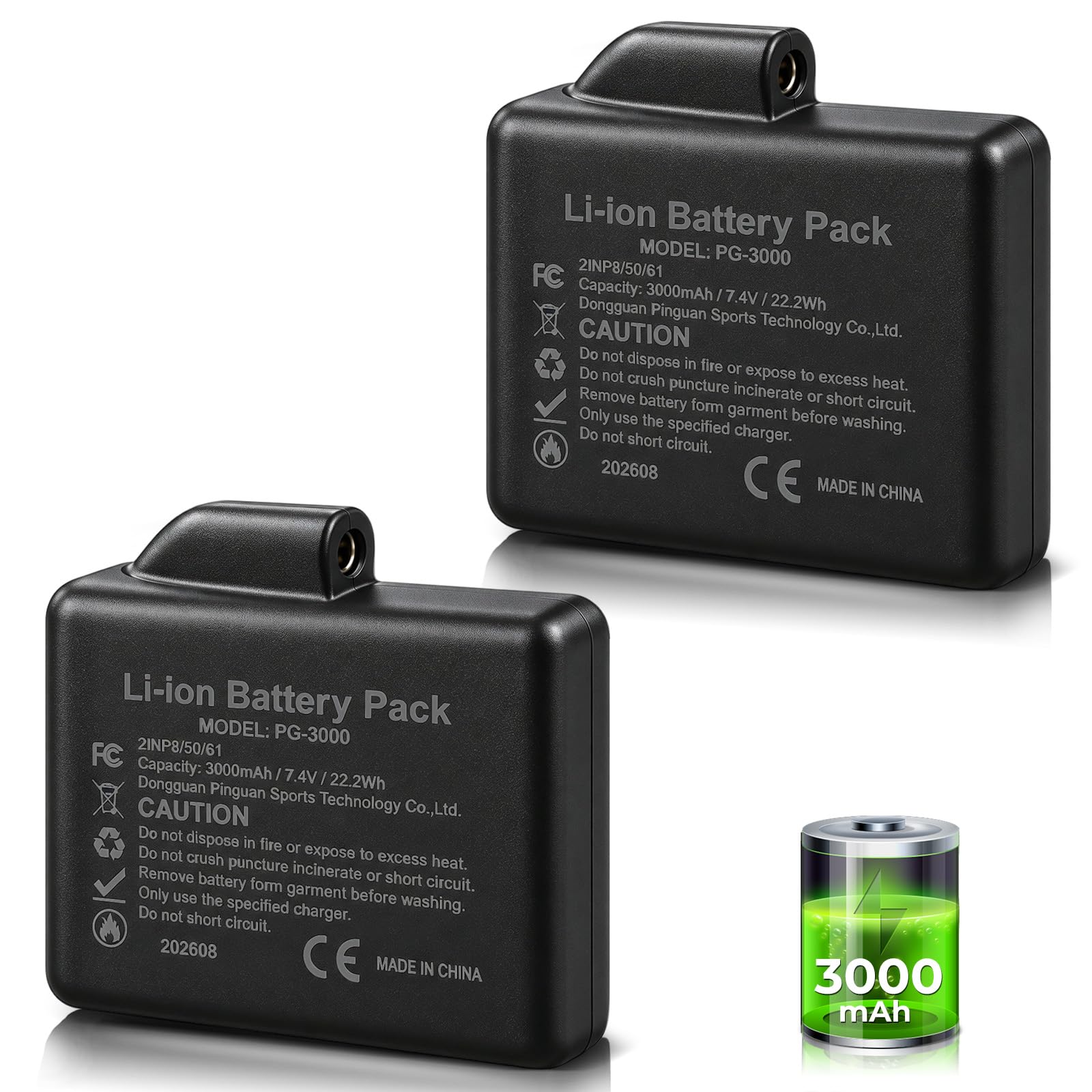 Clemas 3000mAh 7.4V Li-Polymer Rechargeable Battery Pack Replacement Set Compatible with Heated Gloves Liners Mittens Socks Vest Jacket Hand Muff Charger DC35135 Jack