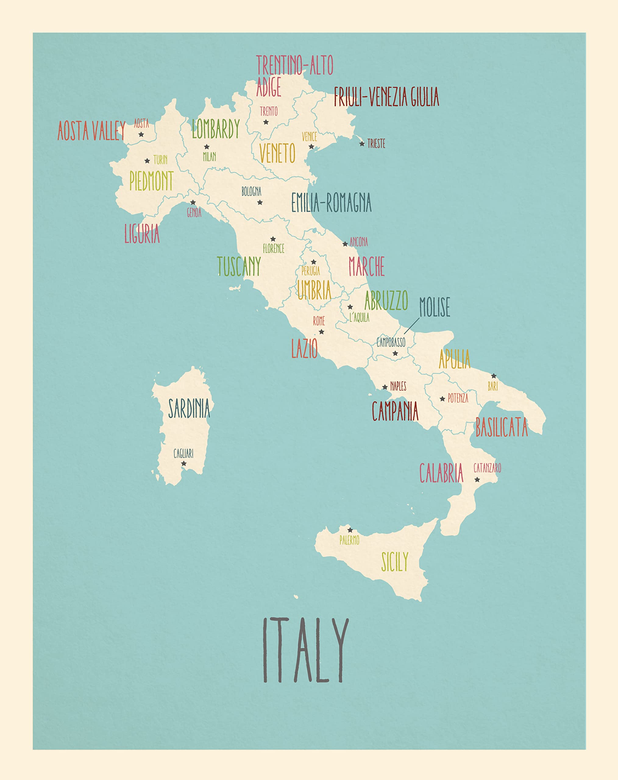 Kindred Sol Collective Map Of Italy - Italy Wall Map Art Poster (11 x 14 Inch) - Map Art of Italy Print for Travelers, Children, Wall Decor, Classrooms, Playrooms or Nursery (Blue)