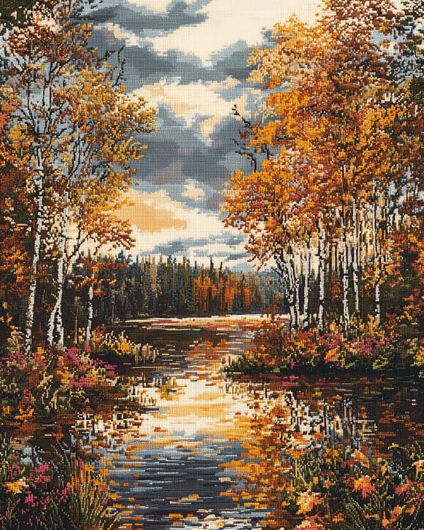 Kit broderie point de croix paysage de lac pour vos moments de détente salon