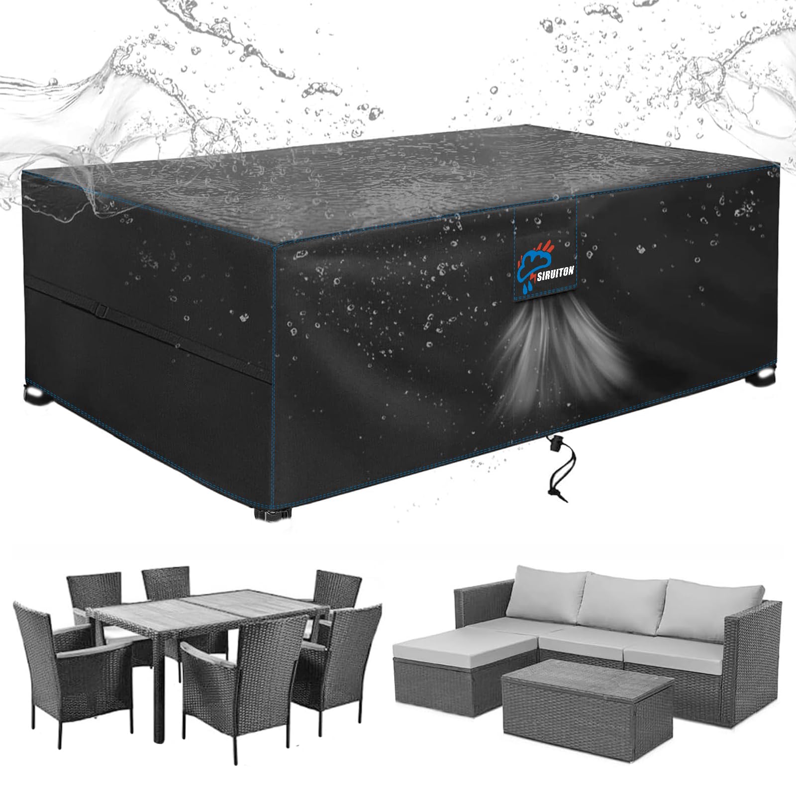 SIRUITON Coperture per Mobili da Giardino, Tessuto Oxford 420D Resistente, Impermeabile, Antivento, Anti-UV, Copertura per Tavolo Esterno con Sfiato d'Aria, rettangolare (170×94×70cm) - Nero