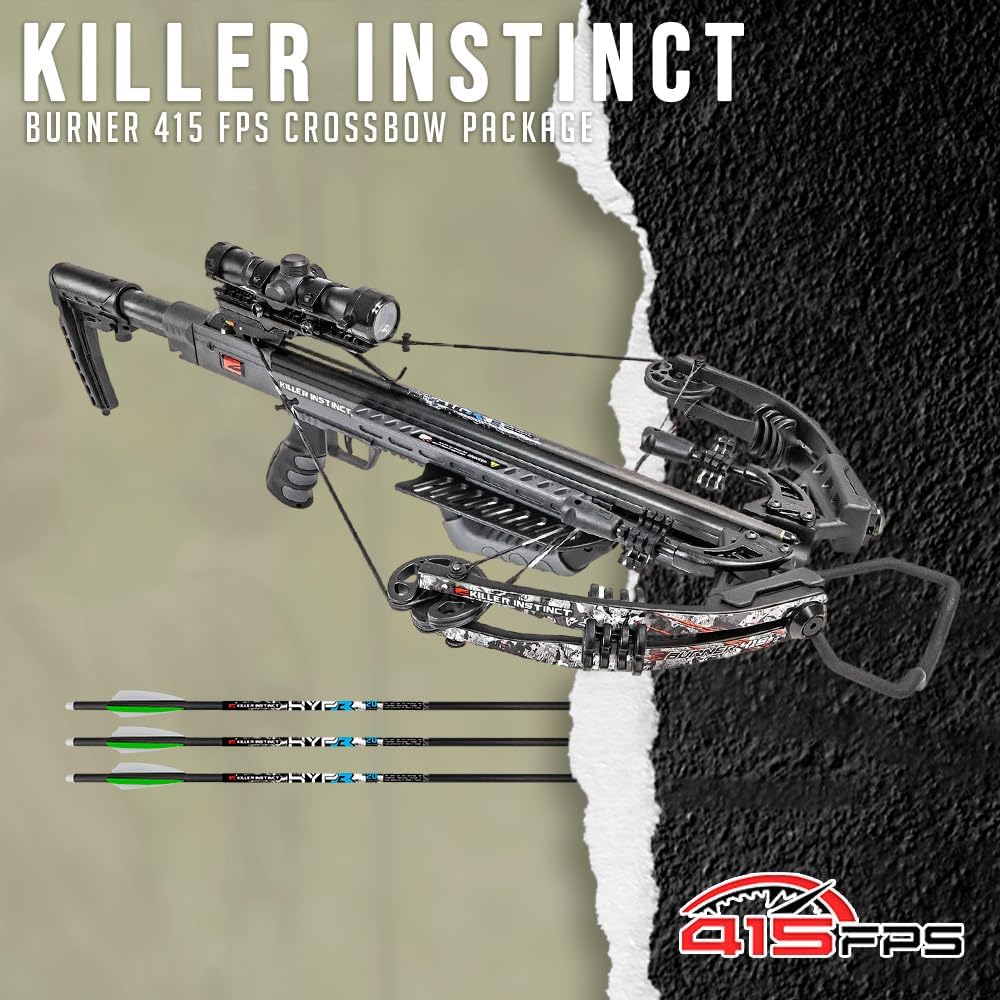 Killer Instinct Burner 415 FPS Crossbow Package (Gray Camo) Basic Bundle (3 Items)