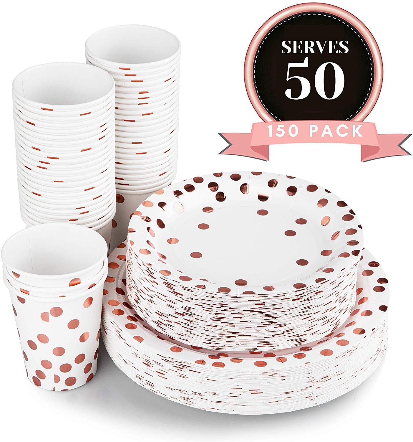 Luxomi Rose Gold Paper Plates - 150 Pc Plates Foil Design 50 Dinner and 50 Dessert Plates and 50 Cups for Baby Shower Birthday Bridal Bachelorette Holiday Party Supplies