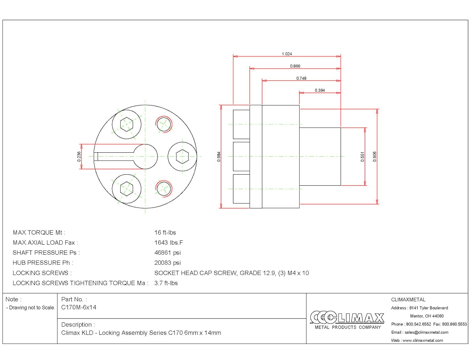 C170M-6X14 Series 170 Locking Assembly, Steel, 0.24" ID, 0.94" Width, 6 mm Shaft Diameter
