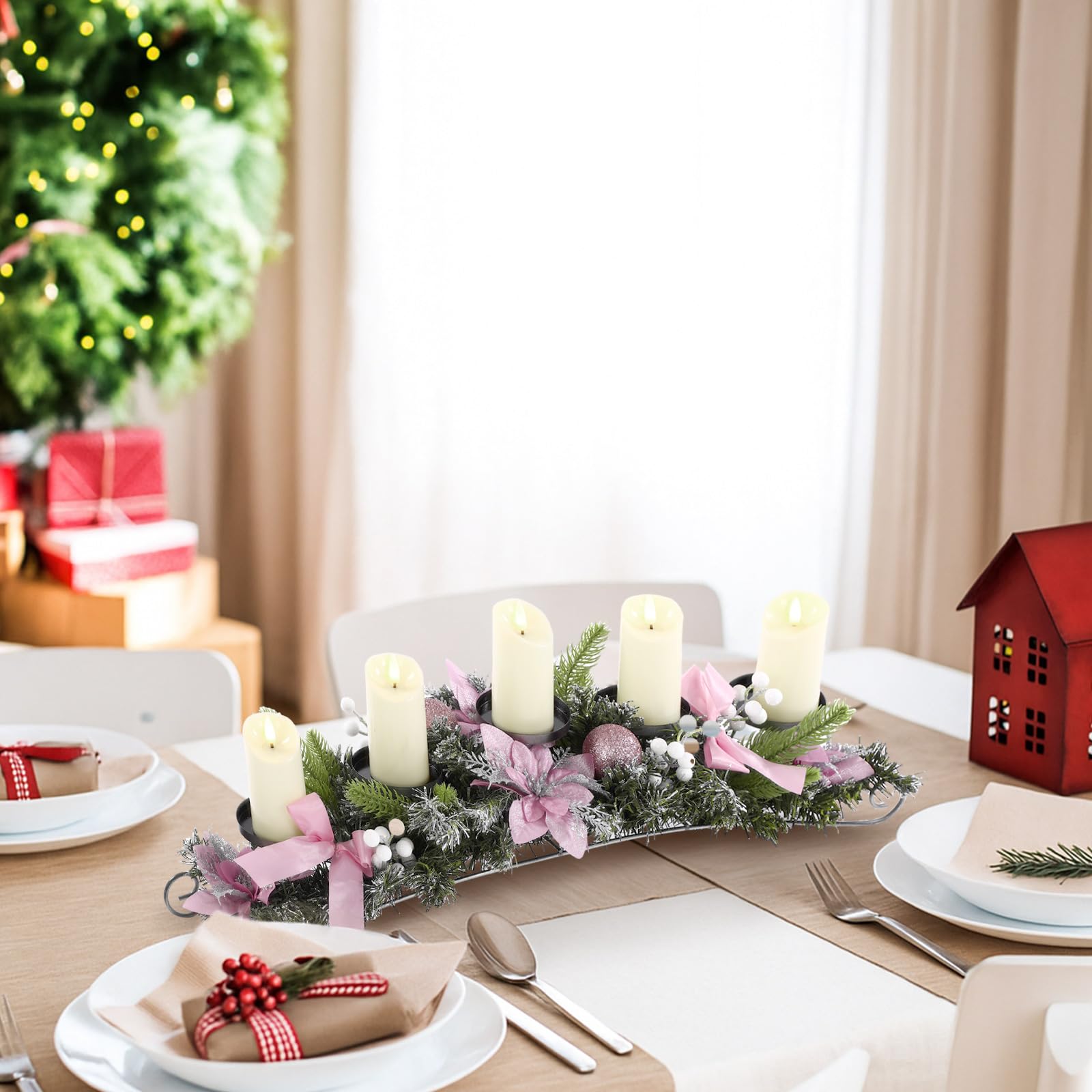 Yungyan Centre de table de Noël de 76,2 cm, comprend 5 bougeoirs LED à piles, des fleurs de poinsettia roses, un nœud rose, des pommes de pin et une base, décorations de table artificielles de Noël