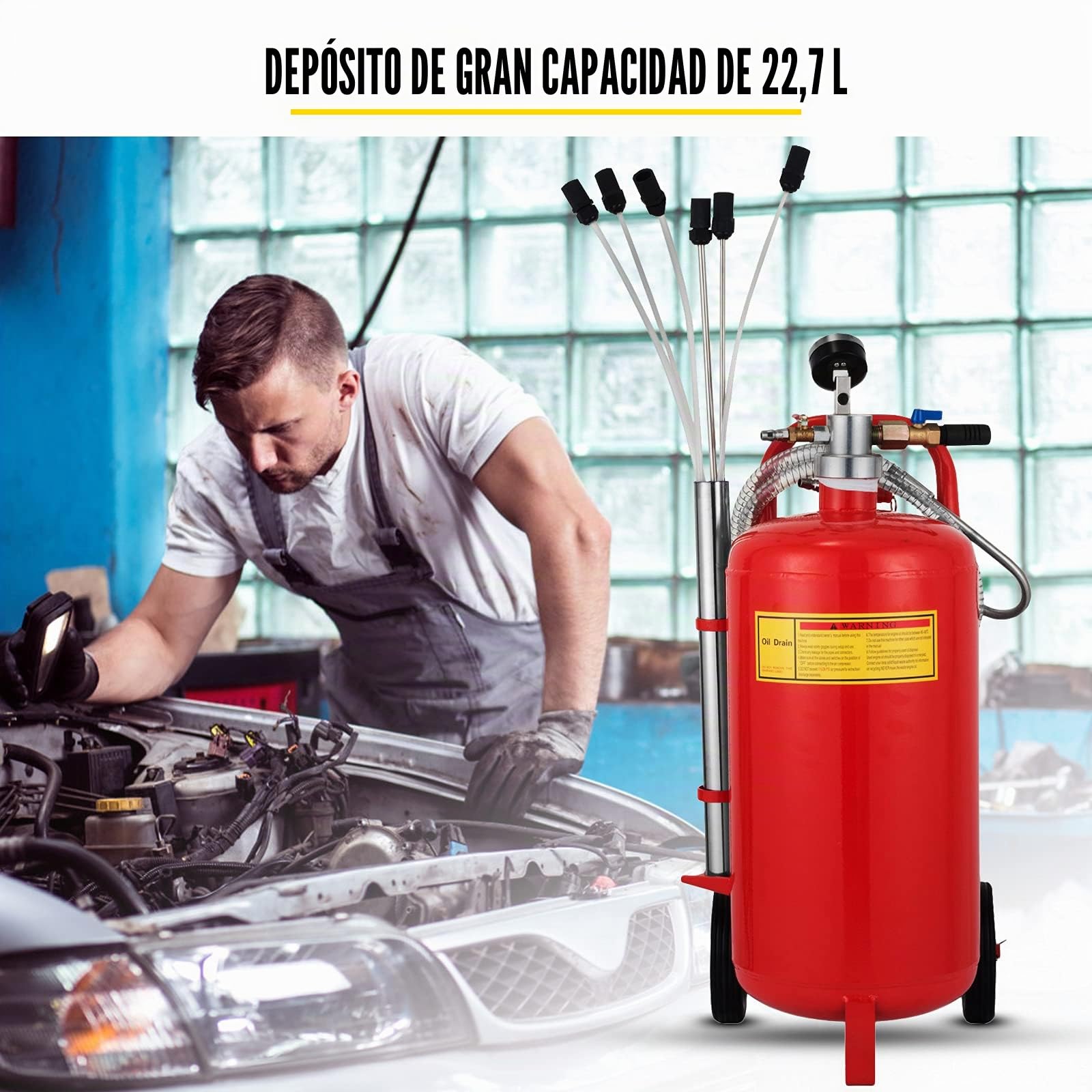 SucceBuy Bomba Extractora de Aceite 22,7 L Consumo de Aire 200 L/min Extractor de Aceite Neumático 8-10 bar con Asa Portátil y Ruedas Extractor Aceite para Automóvil/Motocicleta/Barco/Caravana