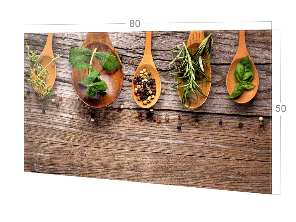 GRAZDesign Spritzschutz Küche Holzoptik, Glasplatte Küche Glas Gewürze, Wandpaneele Küche Küchenmotiv, Küchenrückwand Glas Kräuter / 80x50cm