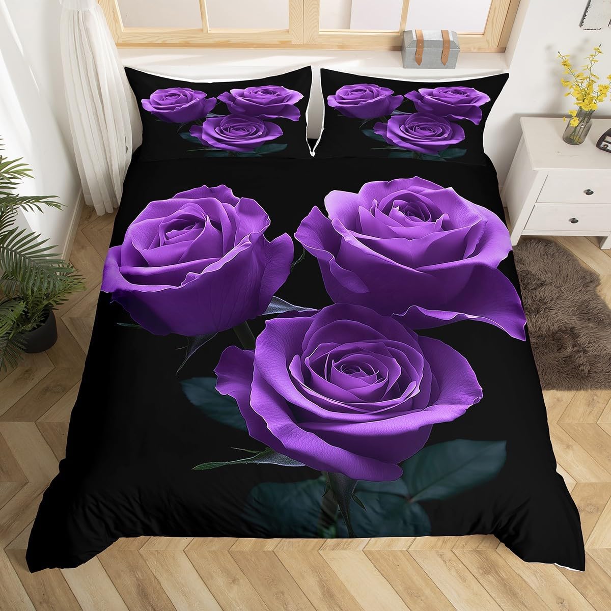 Feelyou Rose Comforter Cover Red Rose Petals Bedding Set Floral Bouquet Botanical Design Duvet Cover Romantic Flowers Bed Set Valentine's Day Couple Lover Room Decor Full Size (No Comforter)