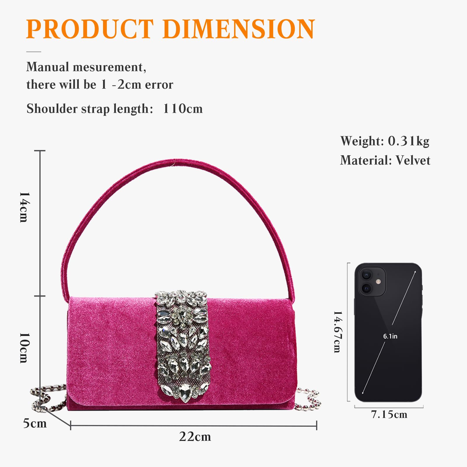 CORIOS Borsetta da Sera da Donna Strass Clutch Pochette Piccolo con Catena Borsa Sposa Elegante Borsa a Spalla Gorgeous Borsa a Tracolla per Cerimonia Festa Ballo Cocktail Rosa Rossa