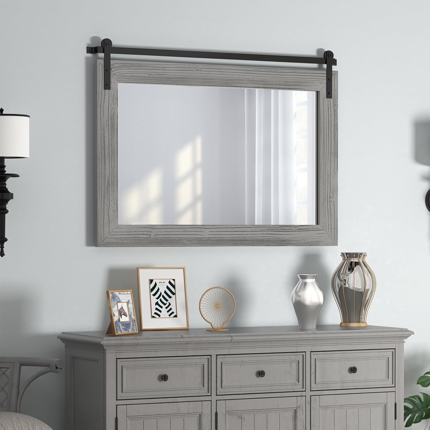 COGOOD Farmhouse Barn Door Mirror - 41" x 26" Rustic Wood Framed Wall Mirror for Bathroom, Living Room, Entryway Wall Decor (Grey) Grey 41x26