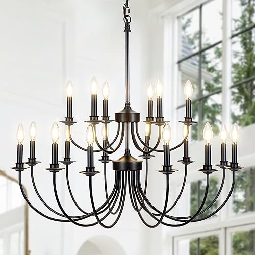 Lámpara de araña vintage de granja negra de 2 niveles, estilo rústico retro, estilo campestre, industrial, grande, redonda