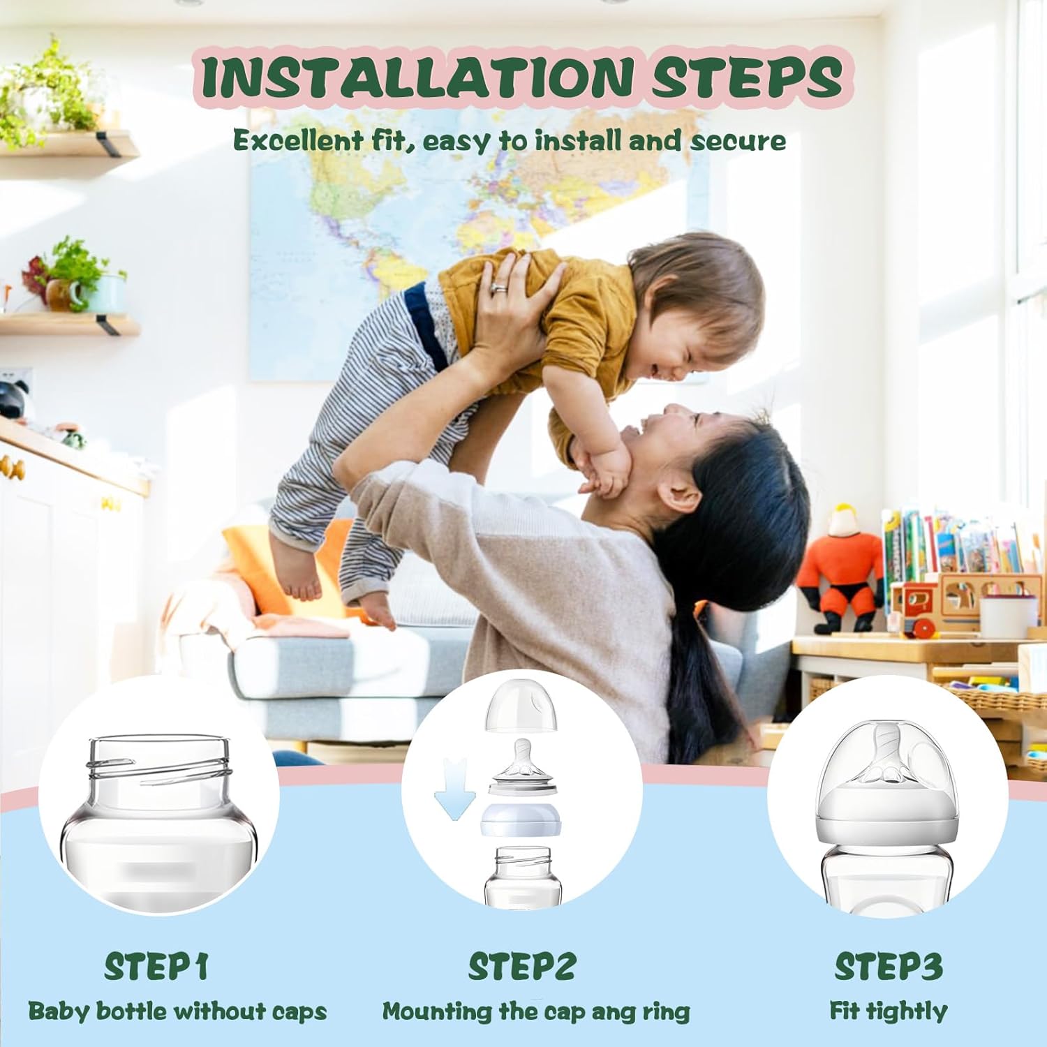 Dome Caps with Nipple Rings Set Compatible for Philips Avent Natural Baby Bottles, Replacements Screw Collars with Dome Lids for Como tomo, Set of 4