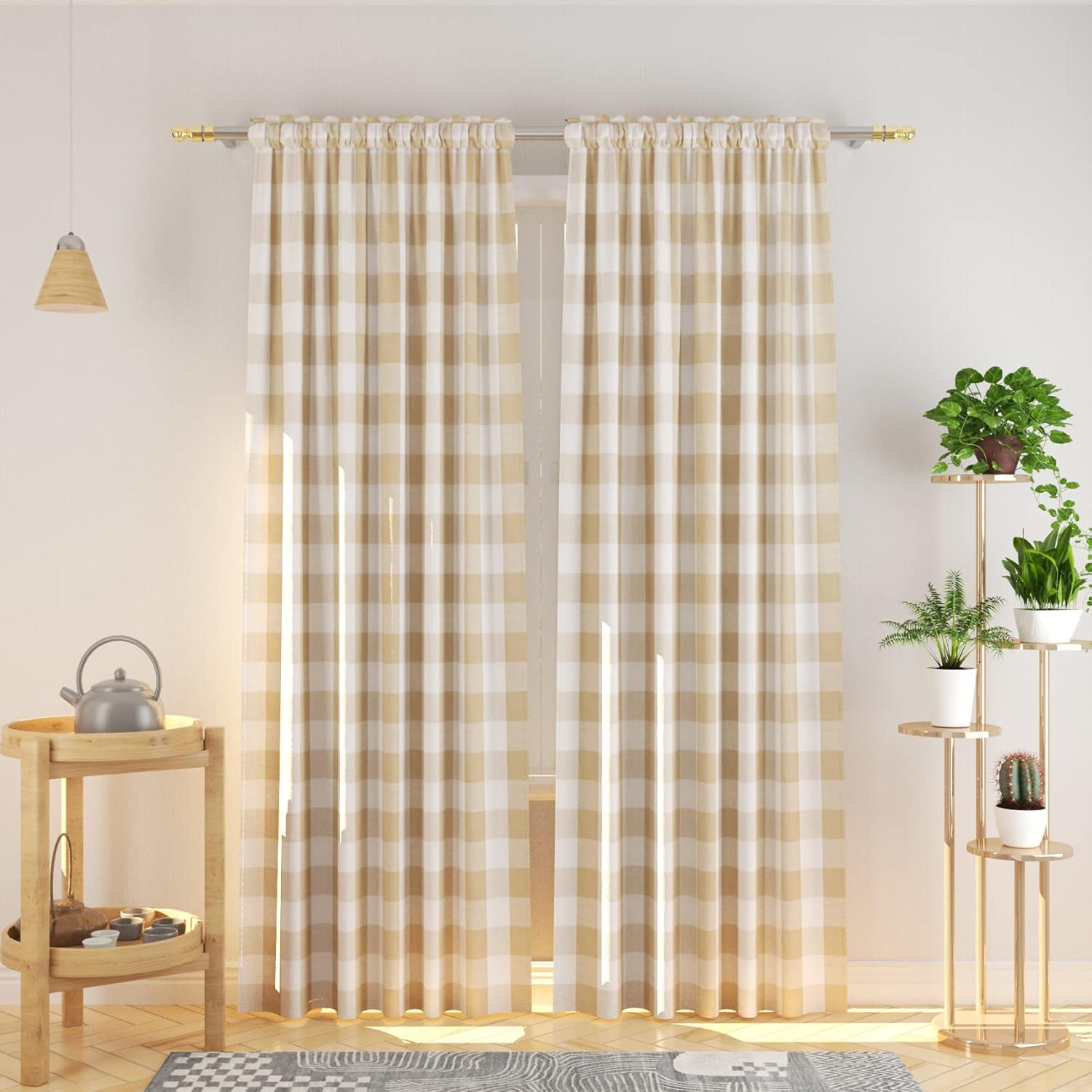 Beige and White Buffalo Gingham Check Curtain 95 inches Long Living Room Drapes Plaid Checker Kitchen Bedroom Window Treatment Set 2 Panels Rod Pocket beige check under sunlight may show like yellow