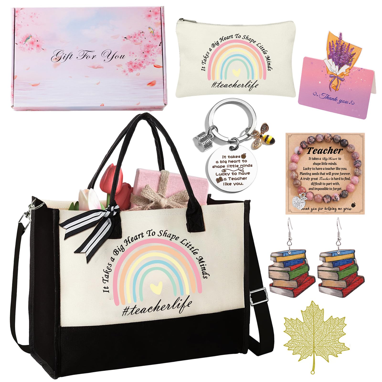 Teacher Appreciation Gifts Tote Bag Set Appreciation Retirement Gift with Makeup Bag, Shoulder Strap and Gifting Box Ideal Thank You Merch for Women
