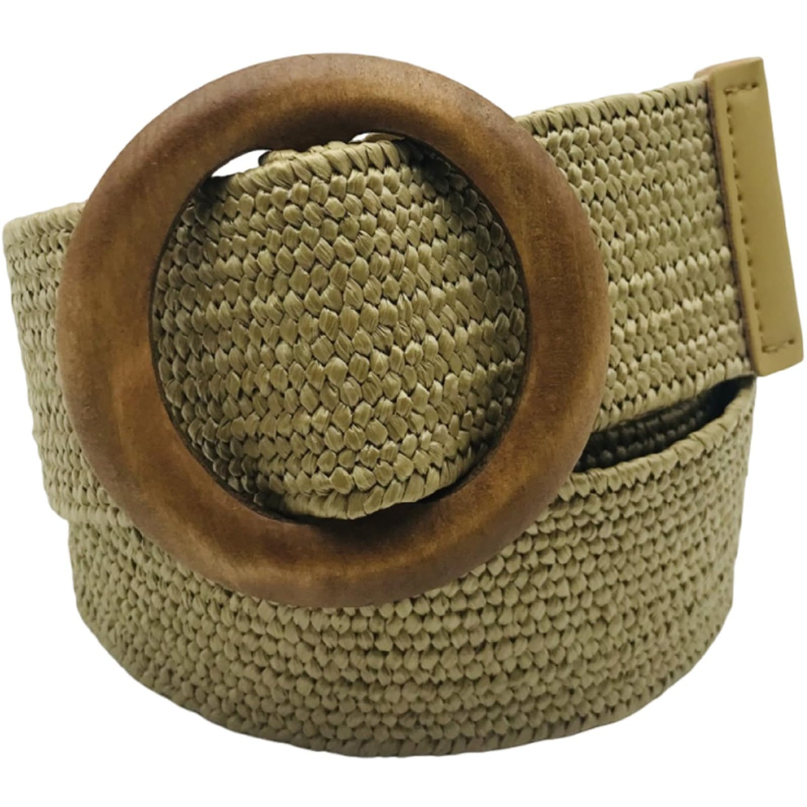 AGUTALITHIC Womens Straw Braided Belt 4.8cm Wide Soft Woven Rattan Waist Strap with Wooden Round Buckle for Causal and Dress(100cm/39, Matcha)