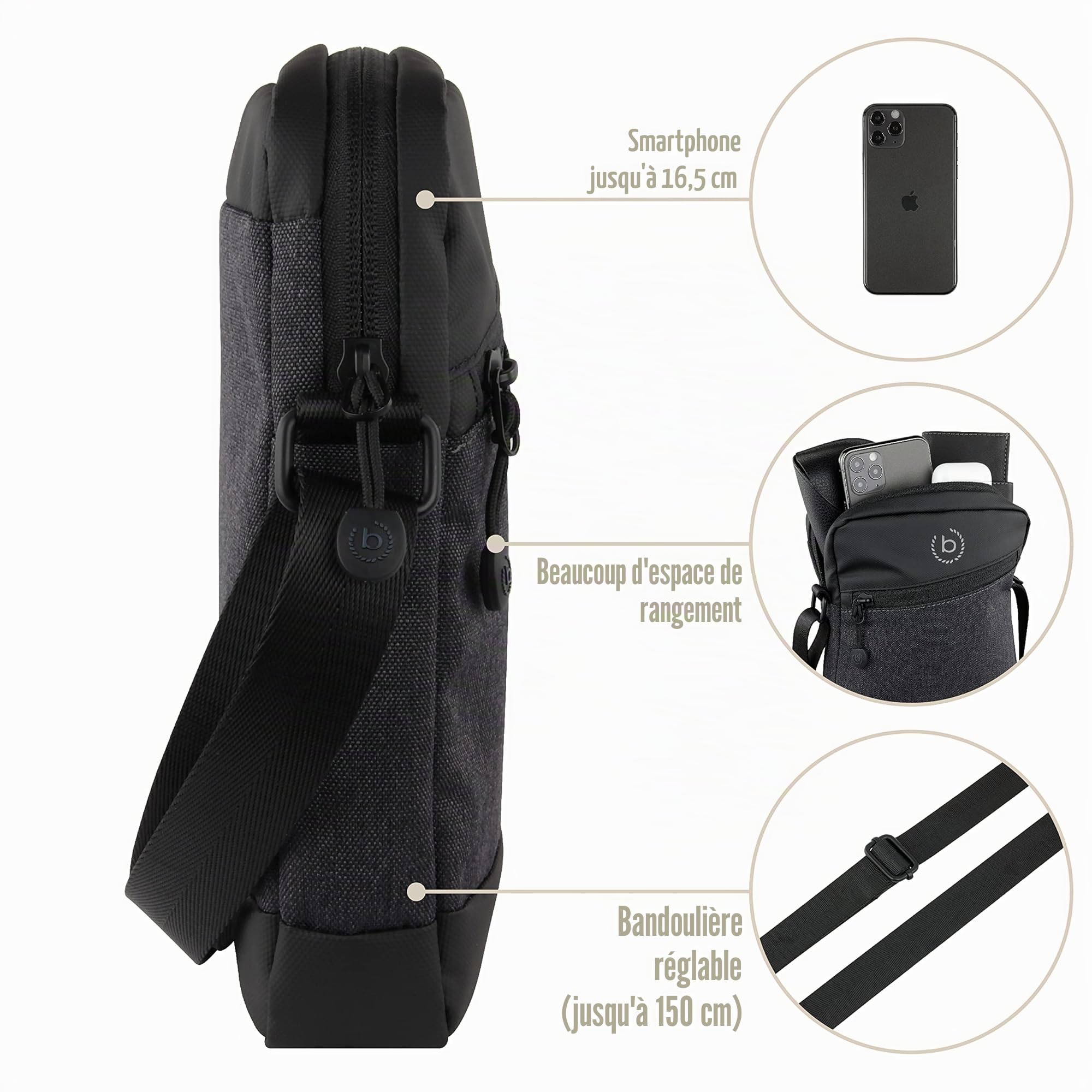 bugatti Universum Sac à bandoulière pour homme, sac à bandoulière en XS ou S, noir