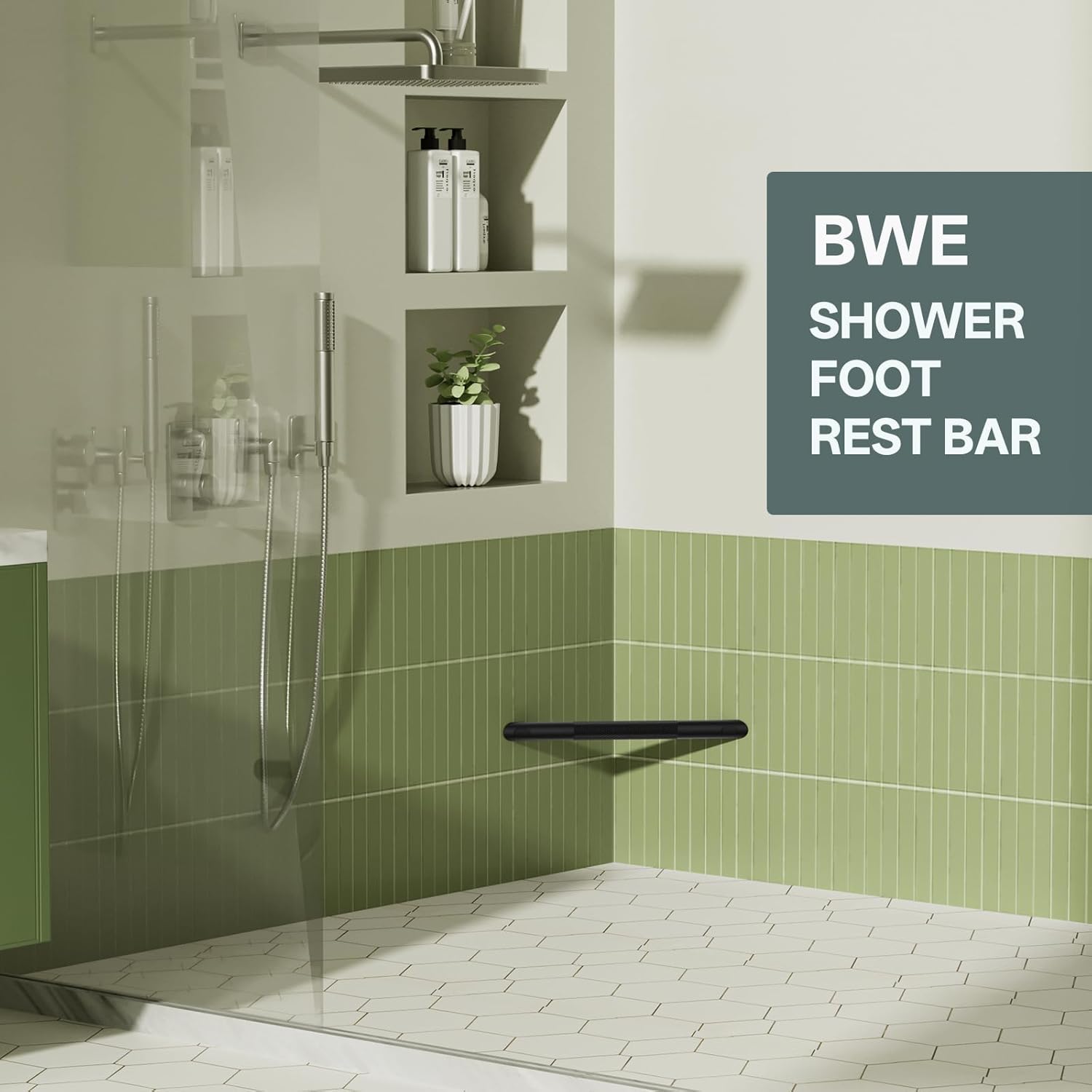 BWE Matte Black Shower Foot Rest Bar, Stainless Steel Bar Corner Shower Foot Rest for Shaving Legs, Non-Slip Knurled Shower Step, Wall Mounted Bathroom Shower Shaving Foot Rest
