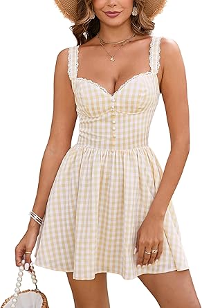 Parthea Womens Summer Cute Corset Mini Dress Lace Spaghetti Strap Sweetheart Flowy A-line Gingham Short Dresses