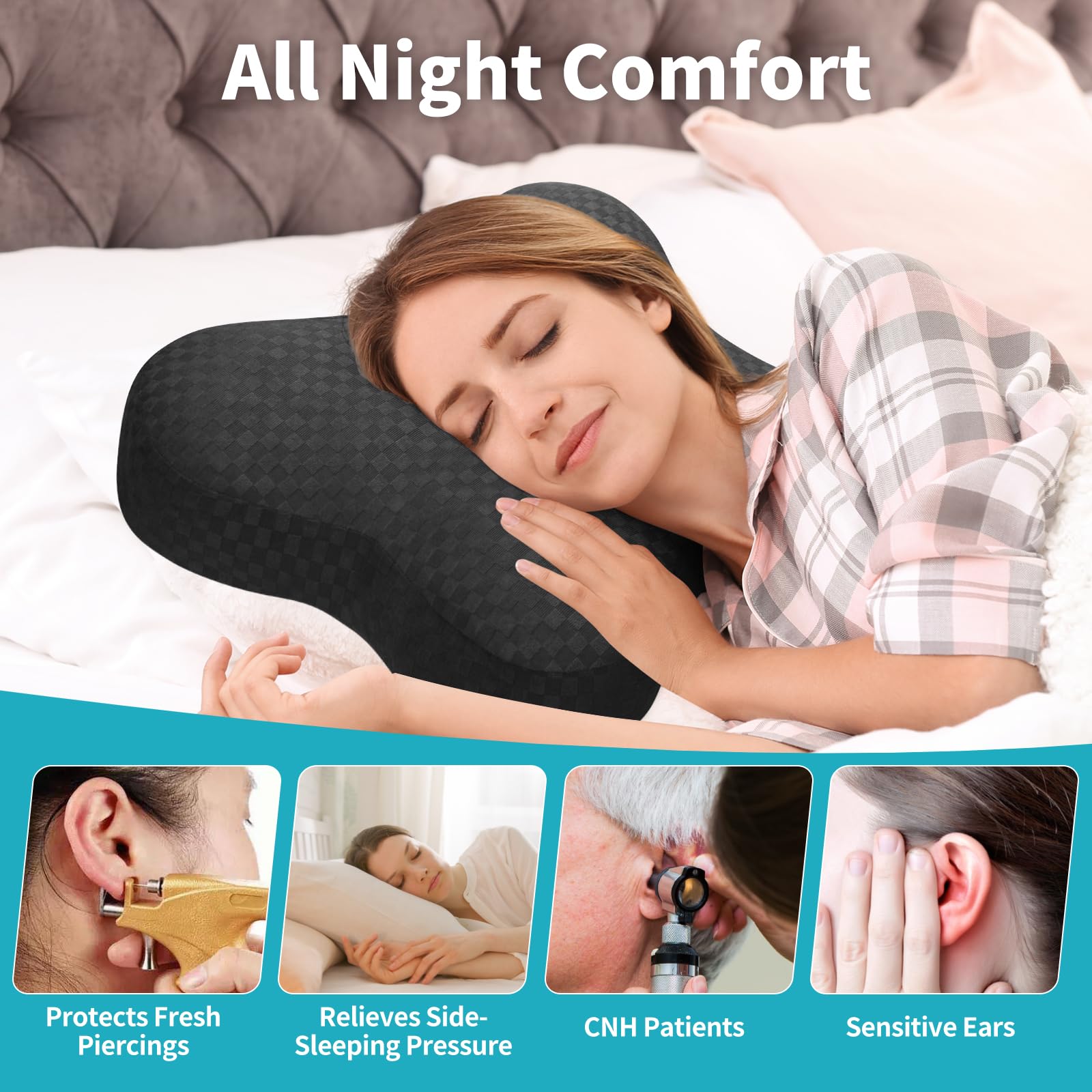 pozico Almohadillas para orejas con agujero, diseño de mariposa, para dormir de lado, almohadillas suaves para el dolor de oído y puntos de presión, relleno de algodón ajustable y funda lavable, color