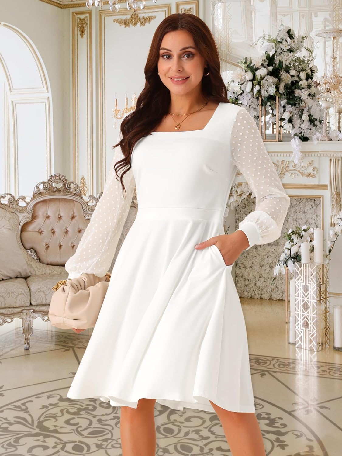 Seta T Women's Long Sleeve Dresses Square Neck High Waist Flowy Casual Knee Length Dress with Pockets Fall Clothing - Image 4