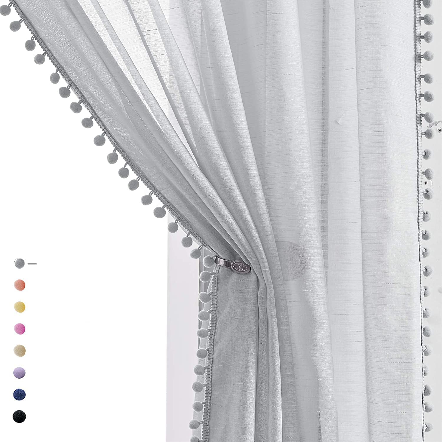 Treatmentex Grey Pom Pom Sheer Curtains for Bedroom Living Room 90 Inch Drop Pencil Pleat Linen Texture Voile Curtains Boho Light Filtering Semi-Transparent Window Drapes for Hotel, 52" Wide 2 Panels