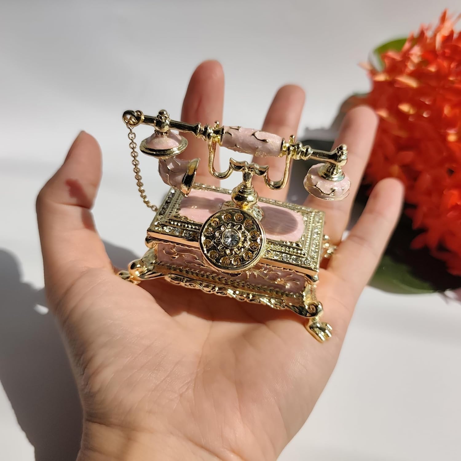 Enamel Vintage Retro Telephone Trinket Jewelry Box Retro Telephone Tabletop Ornament & Jewelry Organizer Decorative Treasure Box Pink